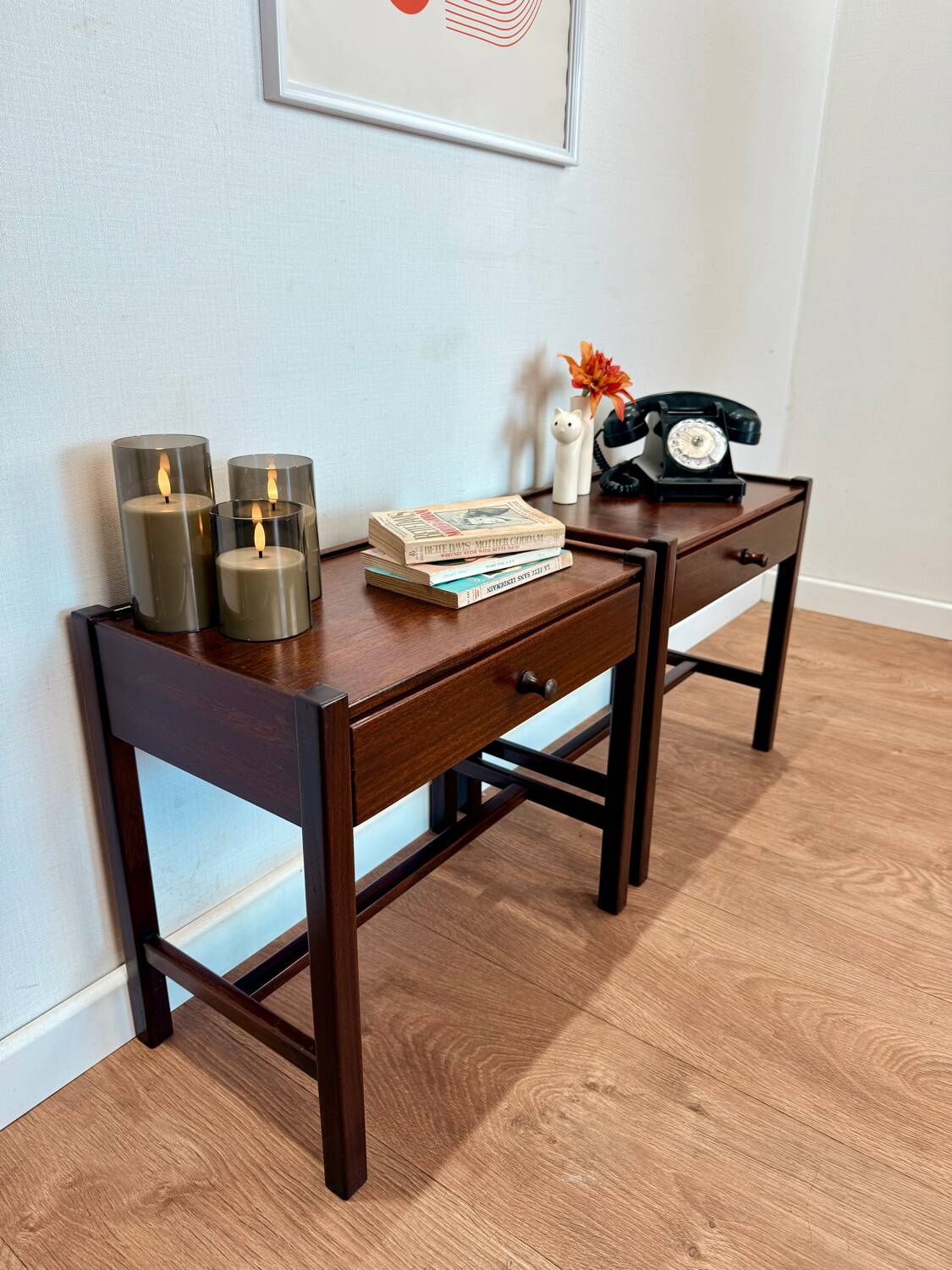 Pair of walnut bedside tables designed by Jacques Hauville for Roche Bobois.
