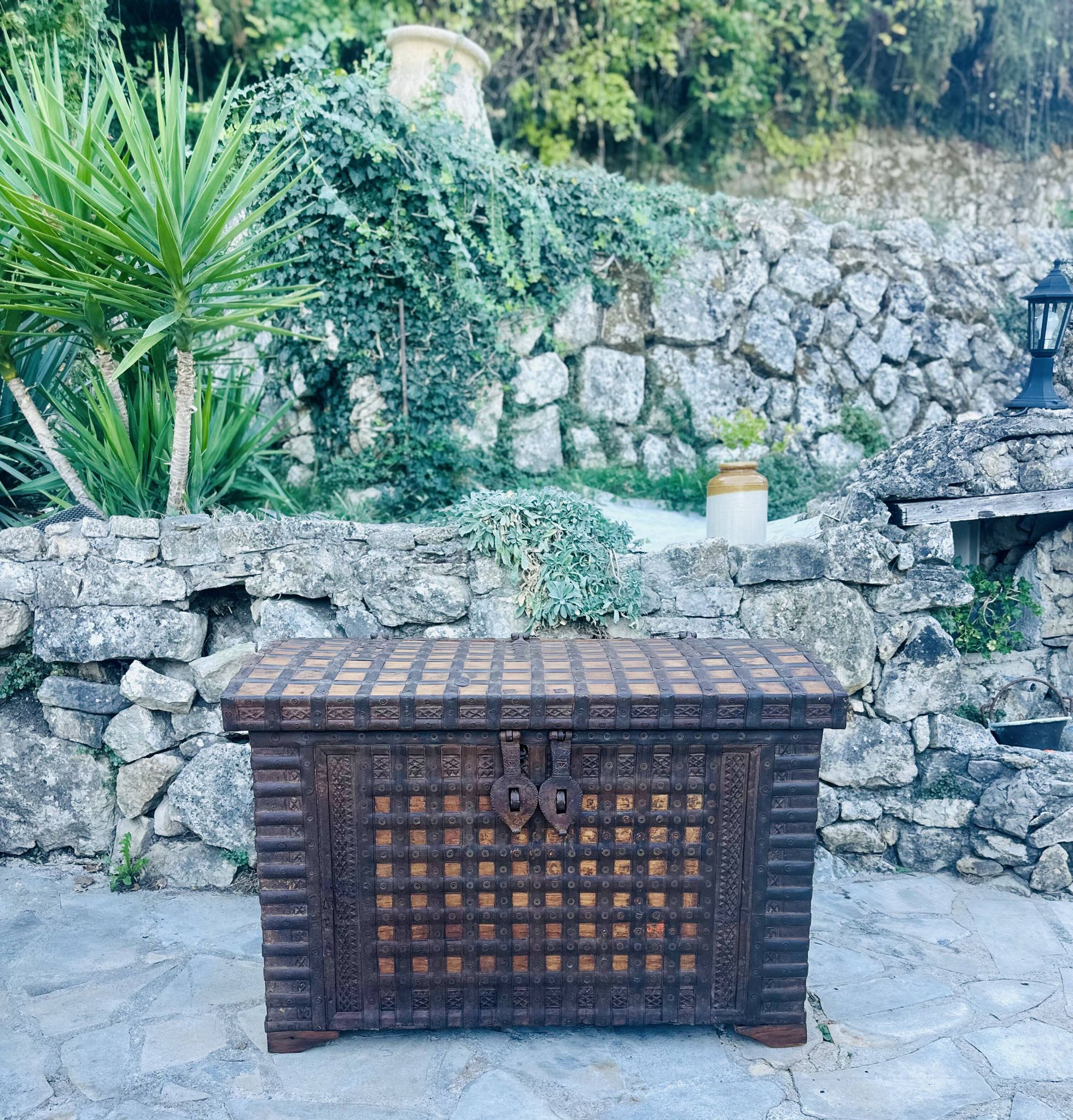 Imposing Indian Chest in Exotic Wood and Wrought Iron
