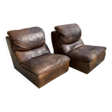 Pair of vintage leather armchairs / fireside chairs / clubs, 1970s