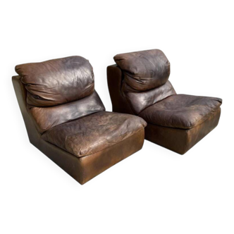 Pair of vintage leather armchairs / fireside chairs / clubs, 1970s