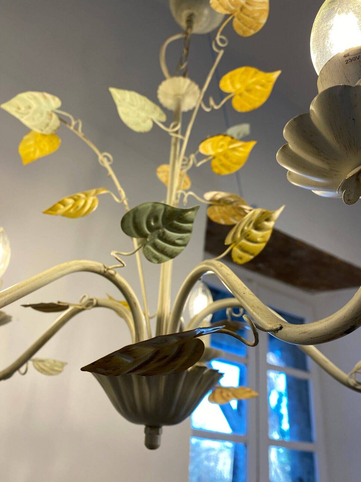Vintage painted metal chandelier, foliage and flowers, 5 lights.