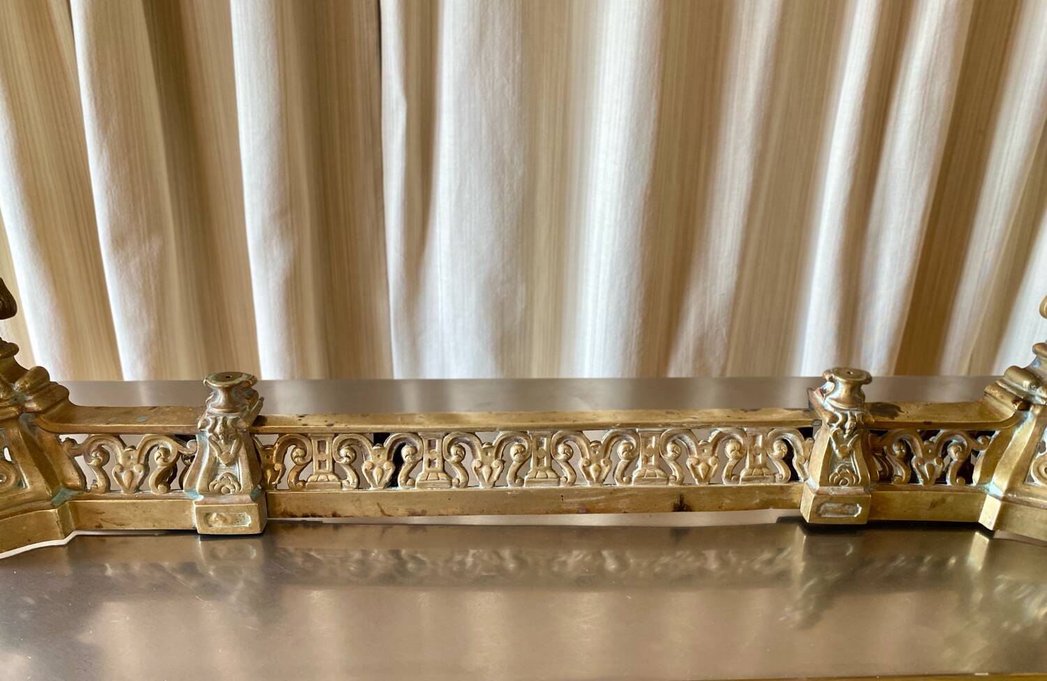 3 gilded bronze fireplace accessories 2 andirons and 1 fire bar