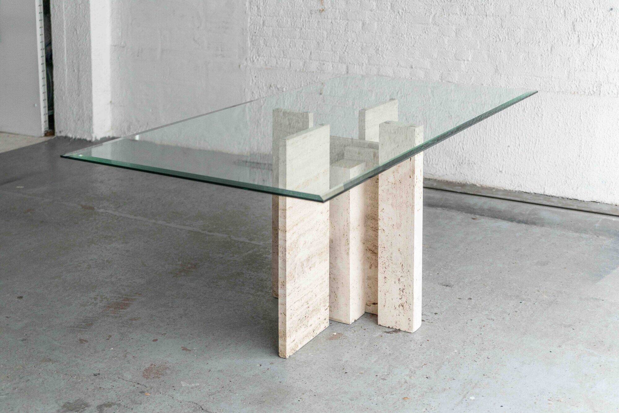 Glass & travertine dining table by Willy Ballez