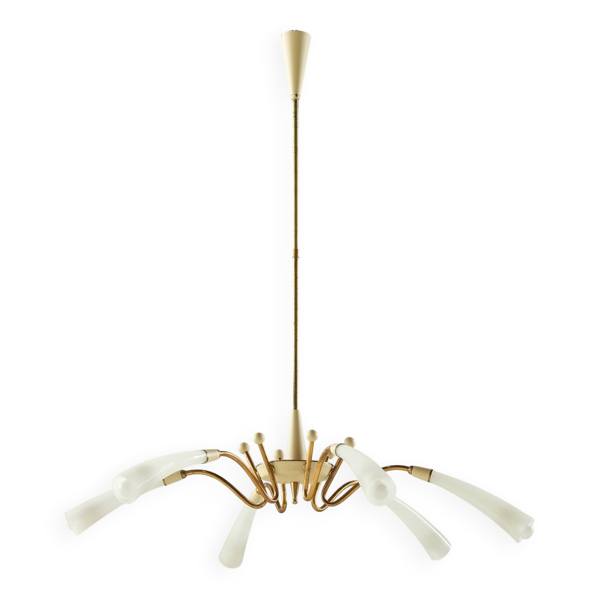 Italian mid century spider chandelier in brass and Murano glass, 1950s