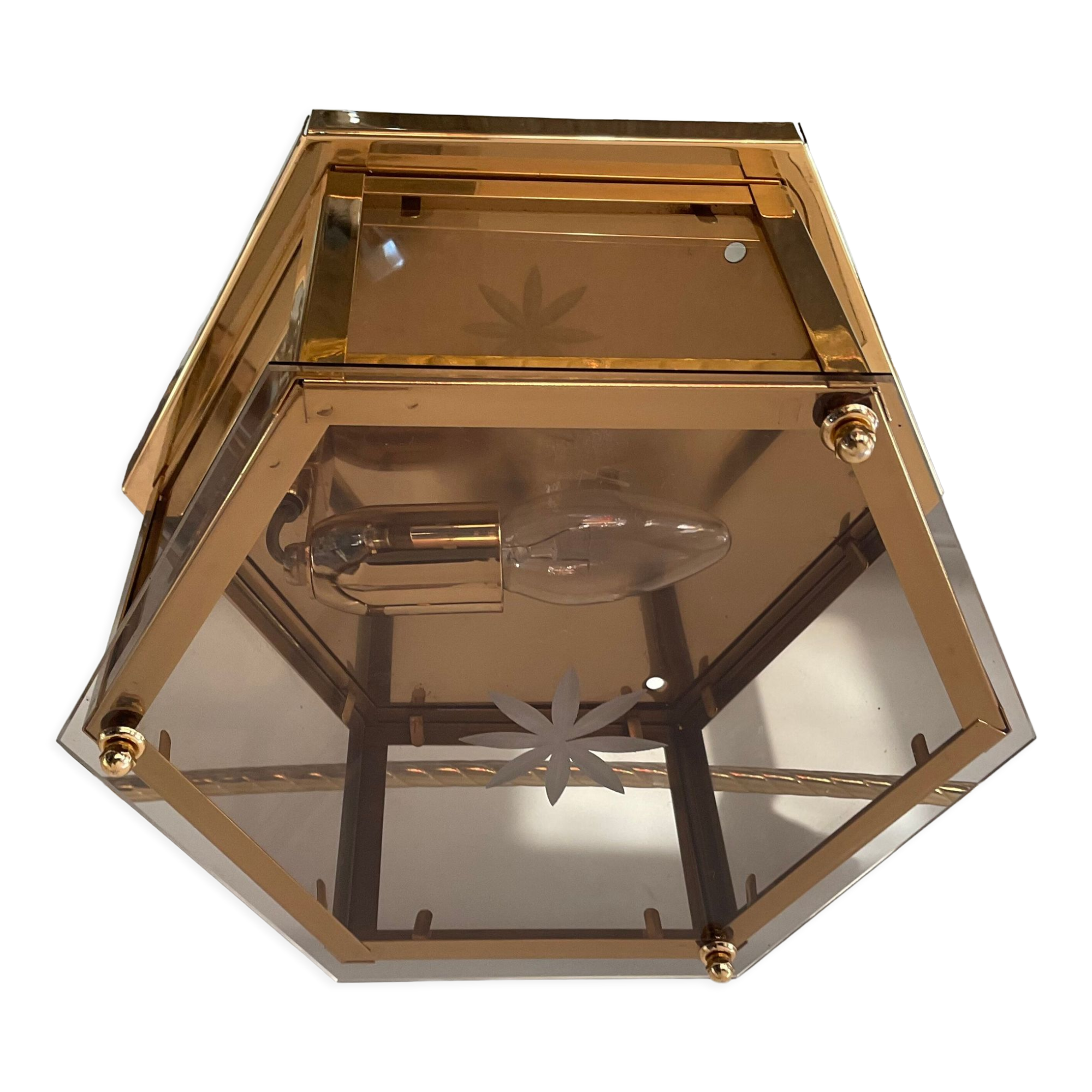 Vintage ceiling lamp in brass and smoked glass