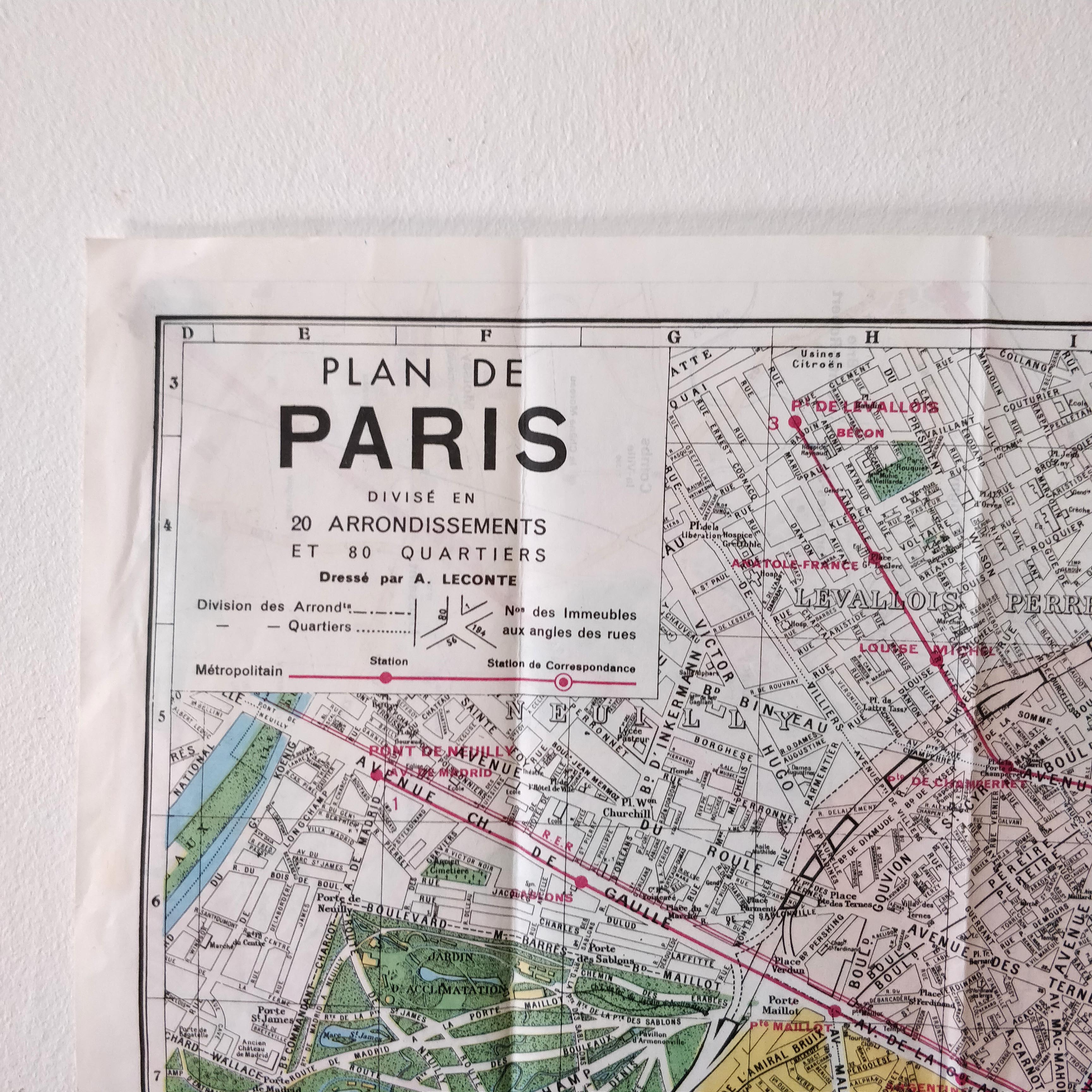 Old map New Paris monumental 75x55cm edition A. Leconte 1960
