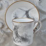 Cup and under cup decoration in grisaille Porcelain of Paris XIXth signed decoration mill