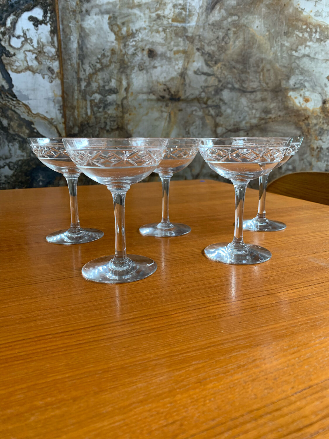 5 old champagne glasses
