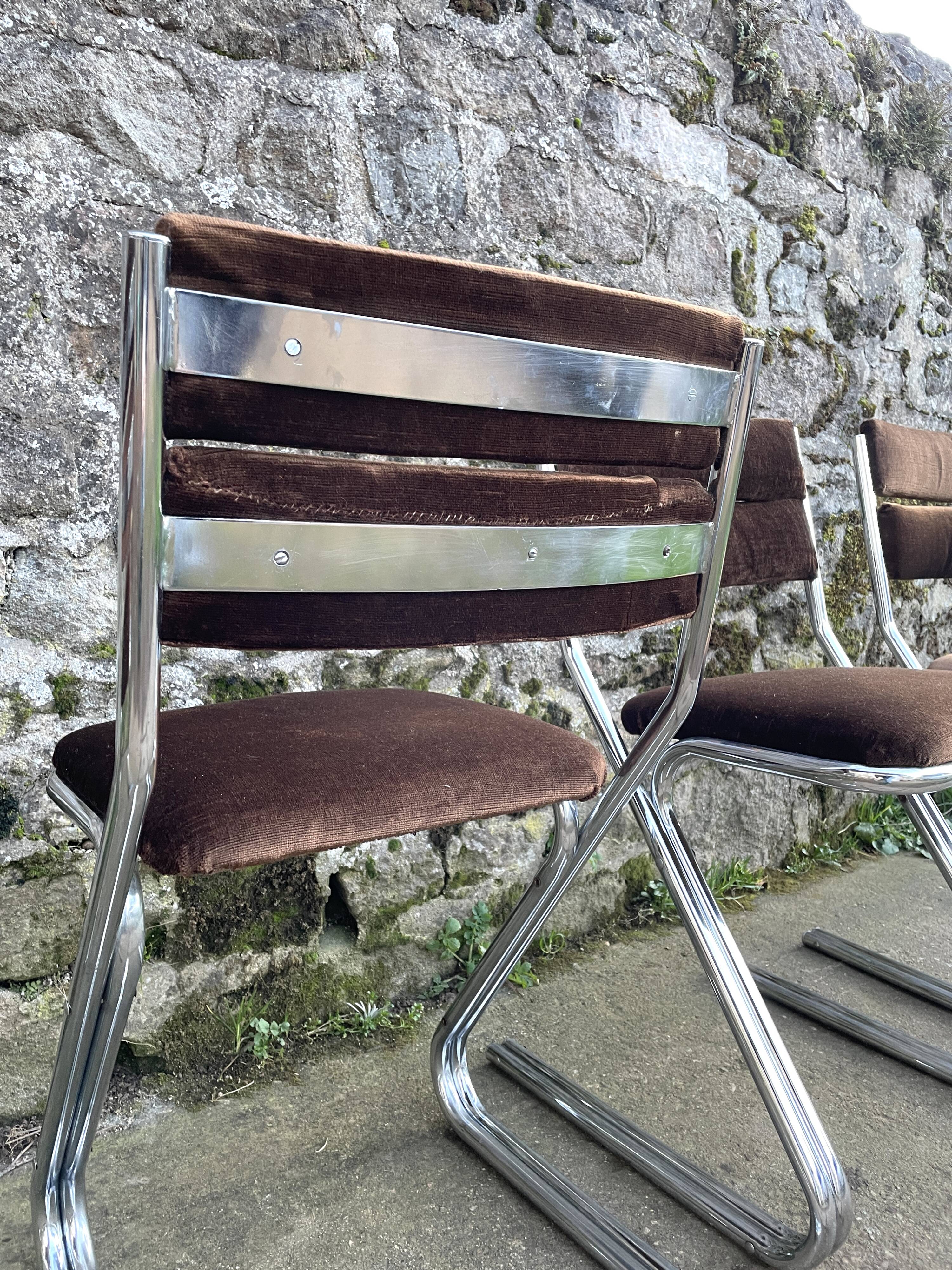 Set of 4 brown velvet zigzag chairs 1970