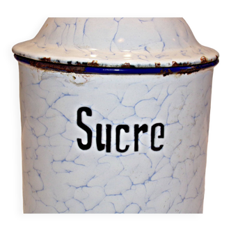 Old sugar pot in enameled sheet metal