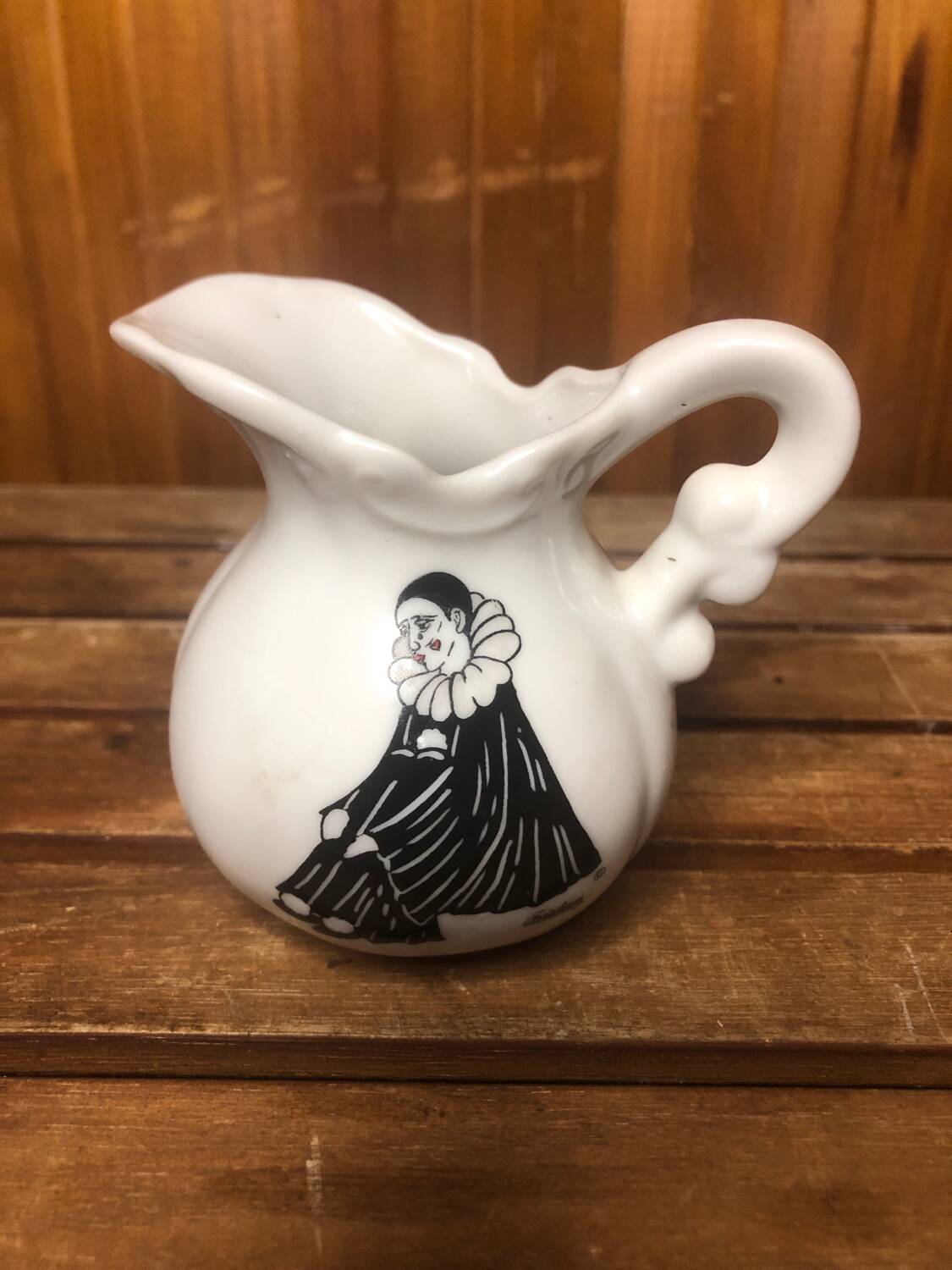 Old pierrot milk pitcher drawing tristan white porcelain 1980 vintage