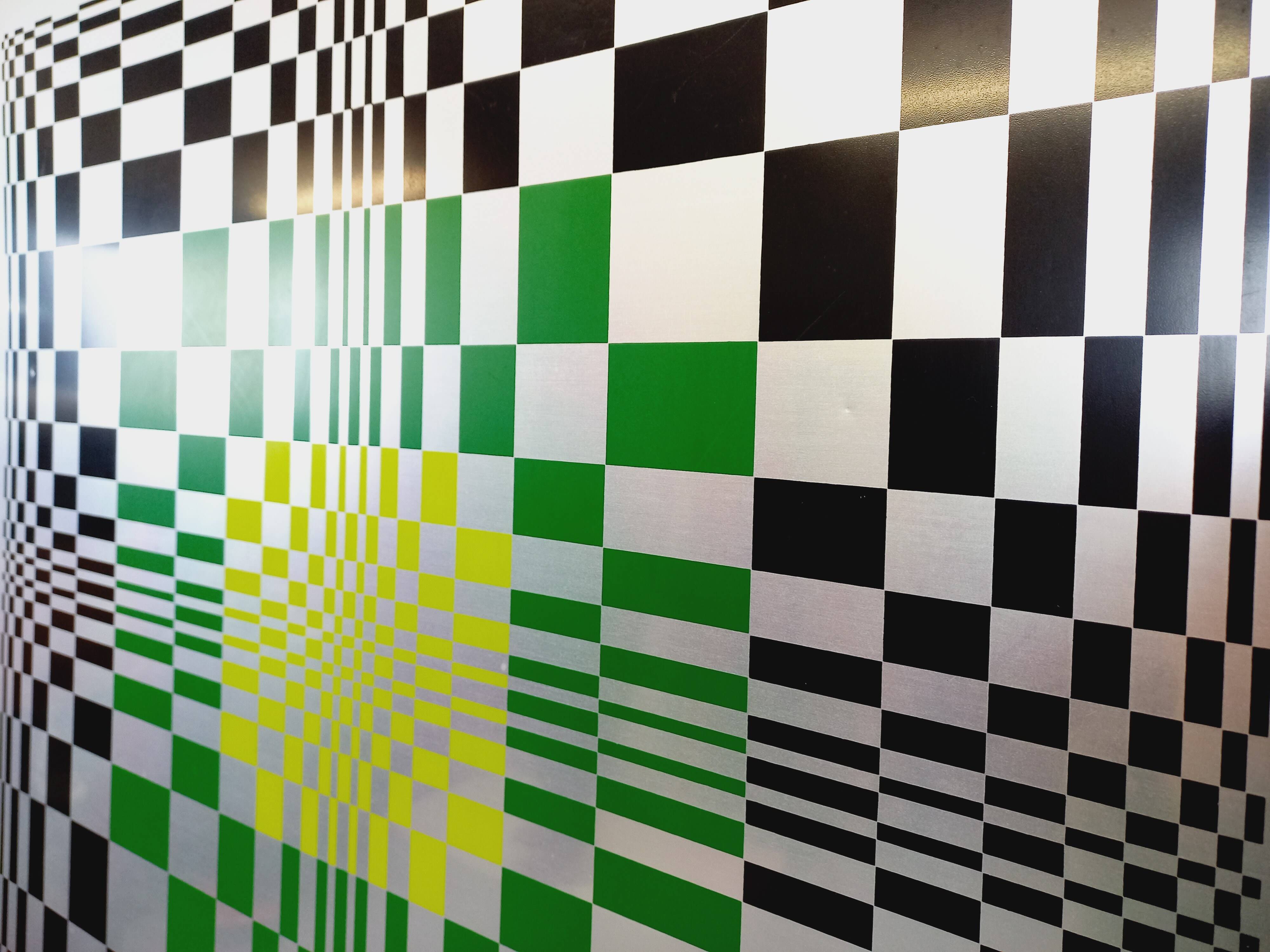 Typical silkscreen painting in kinetic checkerboard on aluminum, Italian abstract design in Vasarely style