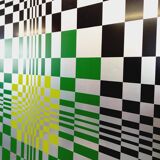Typical silkscreen painting in kinetic checkerboard on aluminum, Italian abstract design in Vasarely style