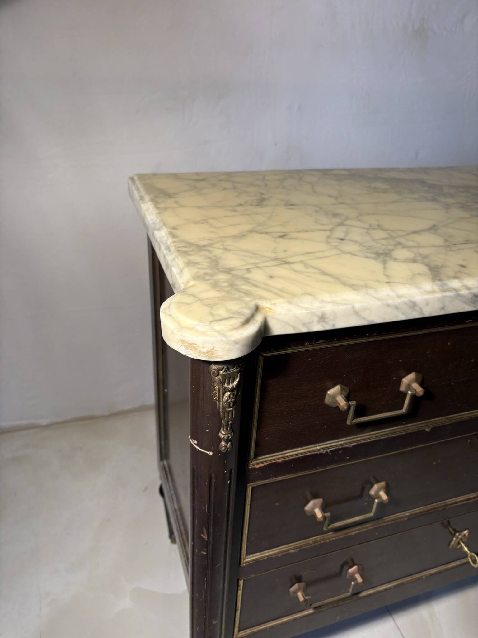 Louis XVI style 3-drawer chest of drawers, marble and gilded bronze