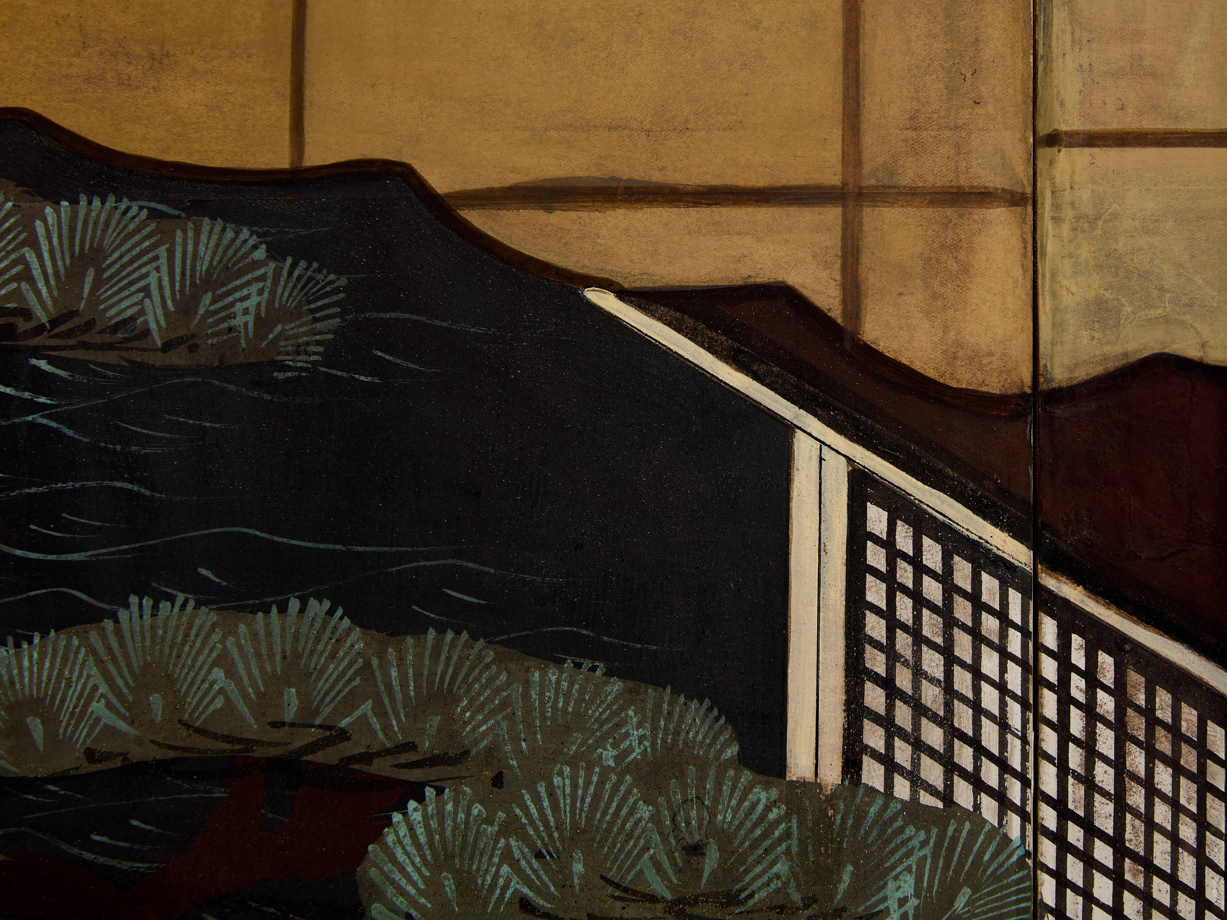 Japanese six-panel Byobu screen on paper, Edo period, 19th century