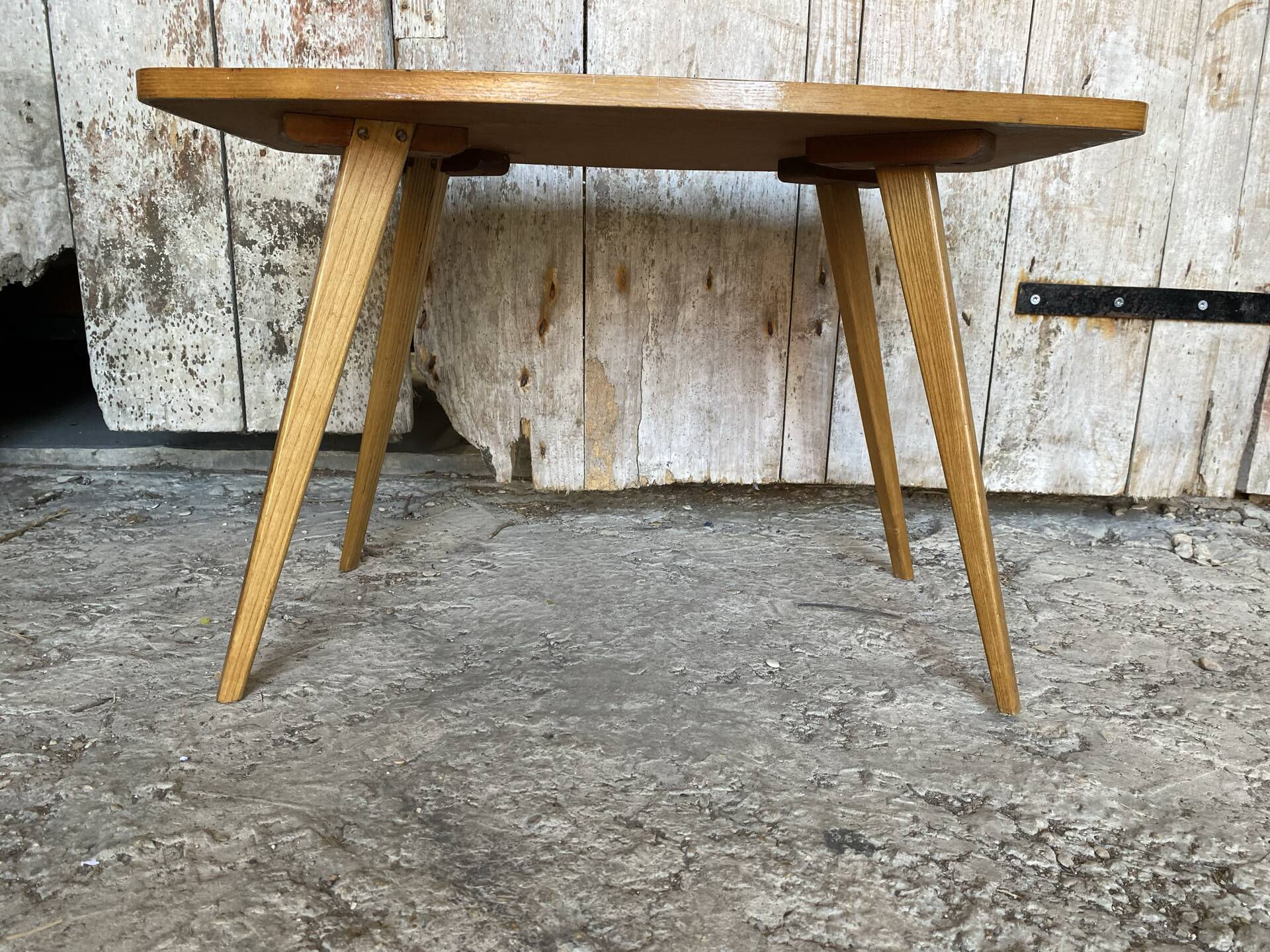 Table Basse Ancienne Scandinave Bois Pieds Compas Années 60 Vintage #E