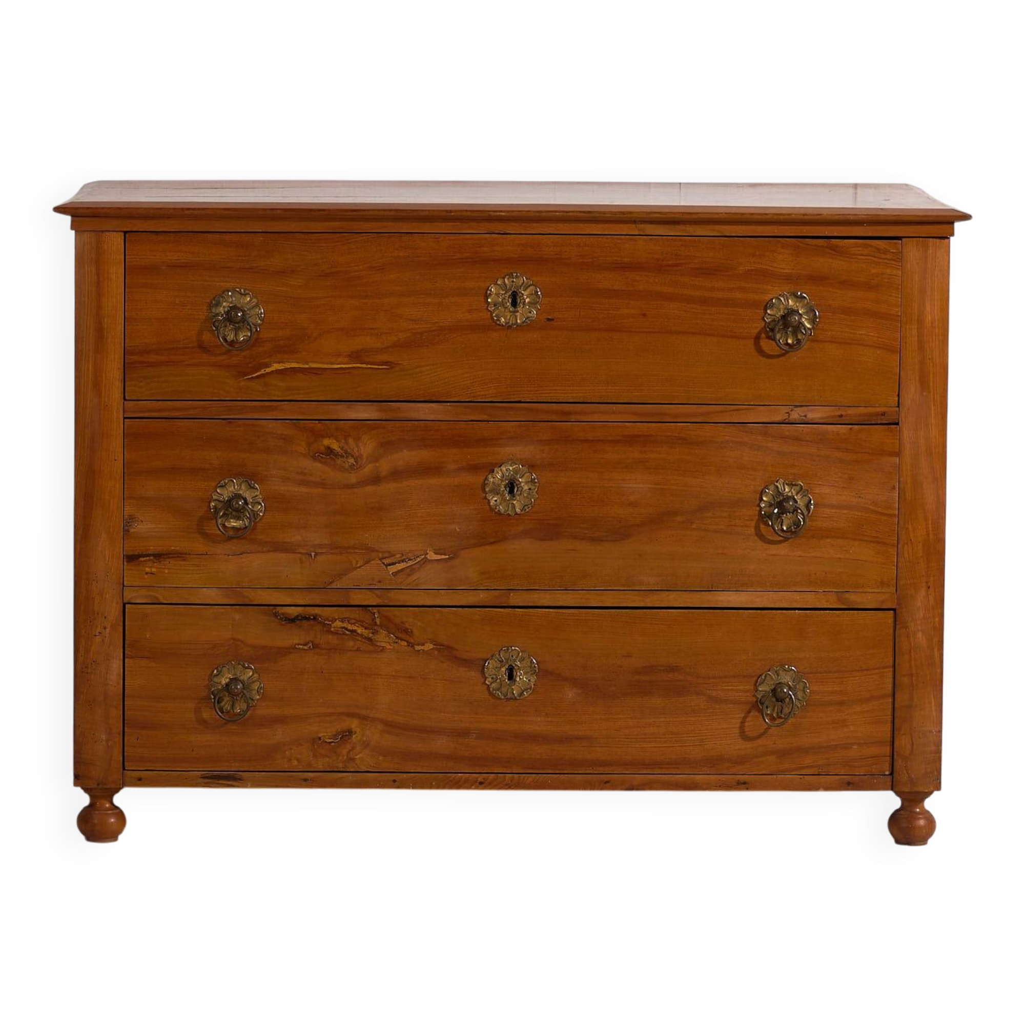 Ancienne commode Biedermeier avec ferrures en forme de fleurs (vers 1850)