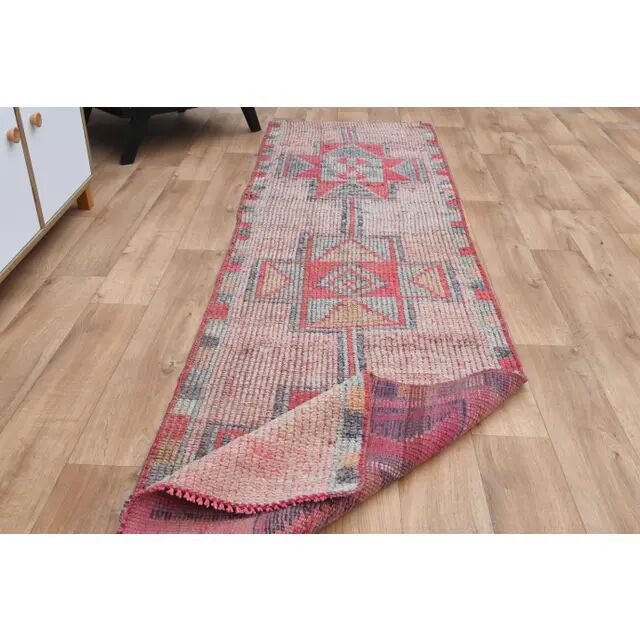 Pink Red Vintage Oushak Wool Turkish Runner Rug 83x305