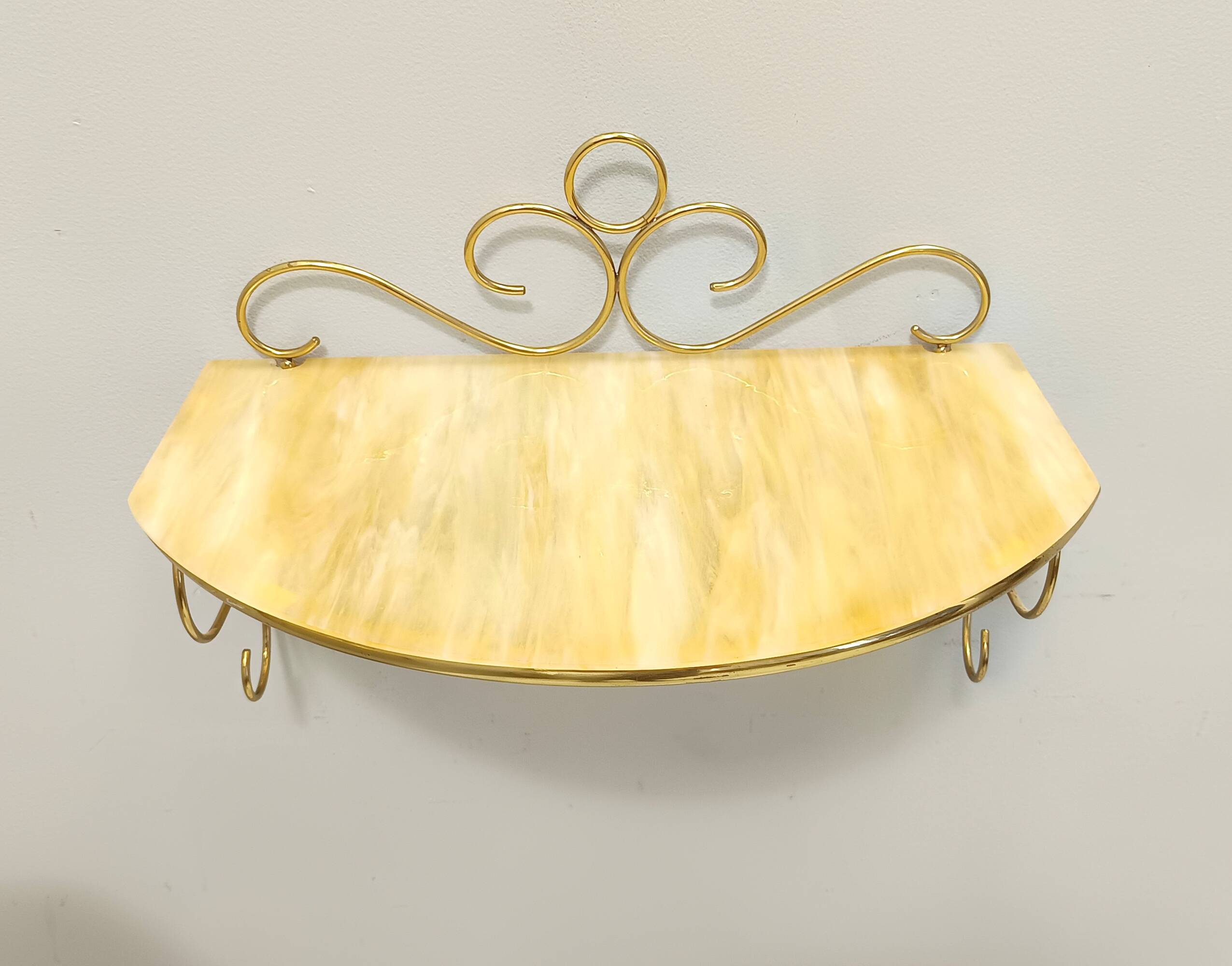 Pair of Wall-Mounted Brass and Murano Glass Console Tables / Nightstands