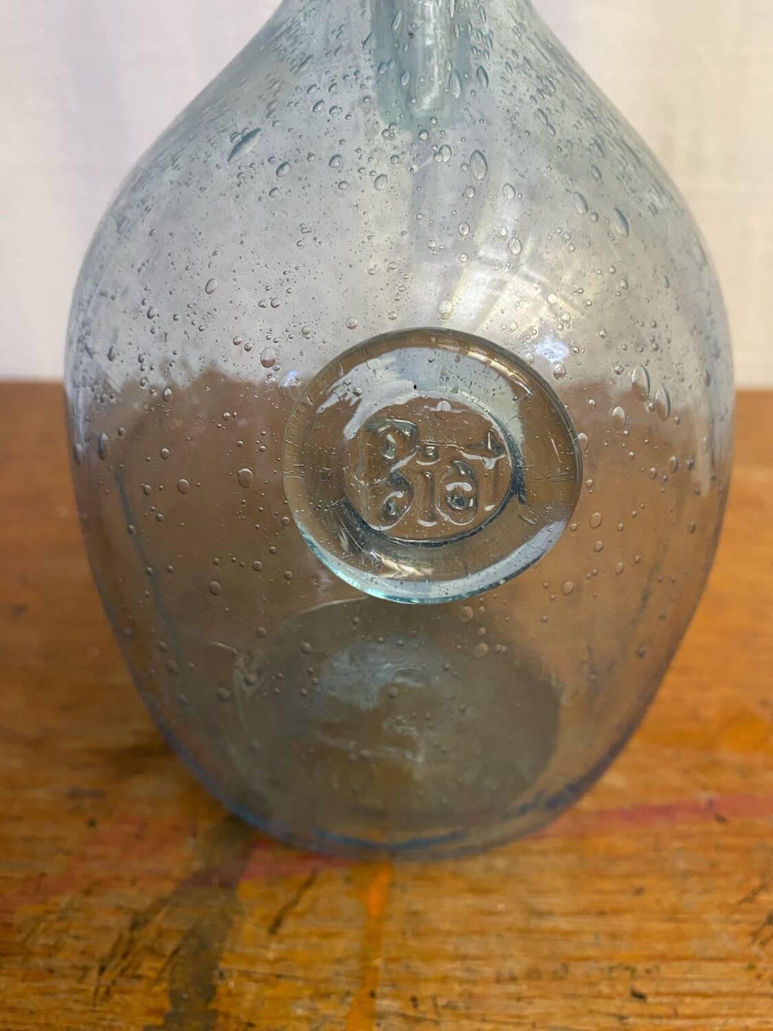 Antique Biot bottle blue bubble blown glass + vintage stopper