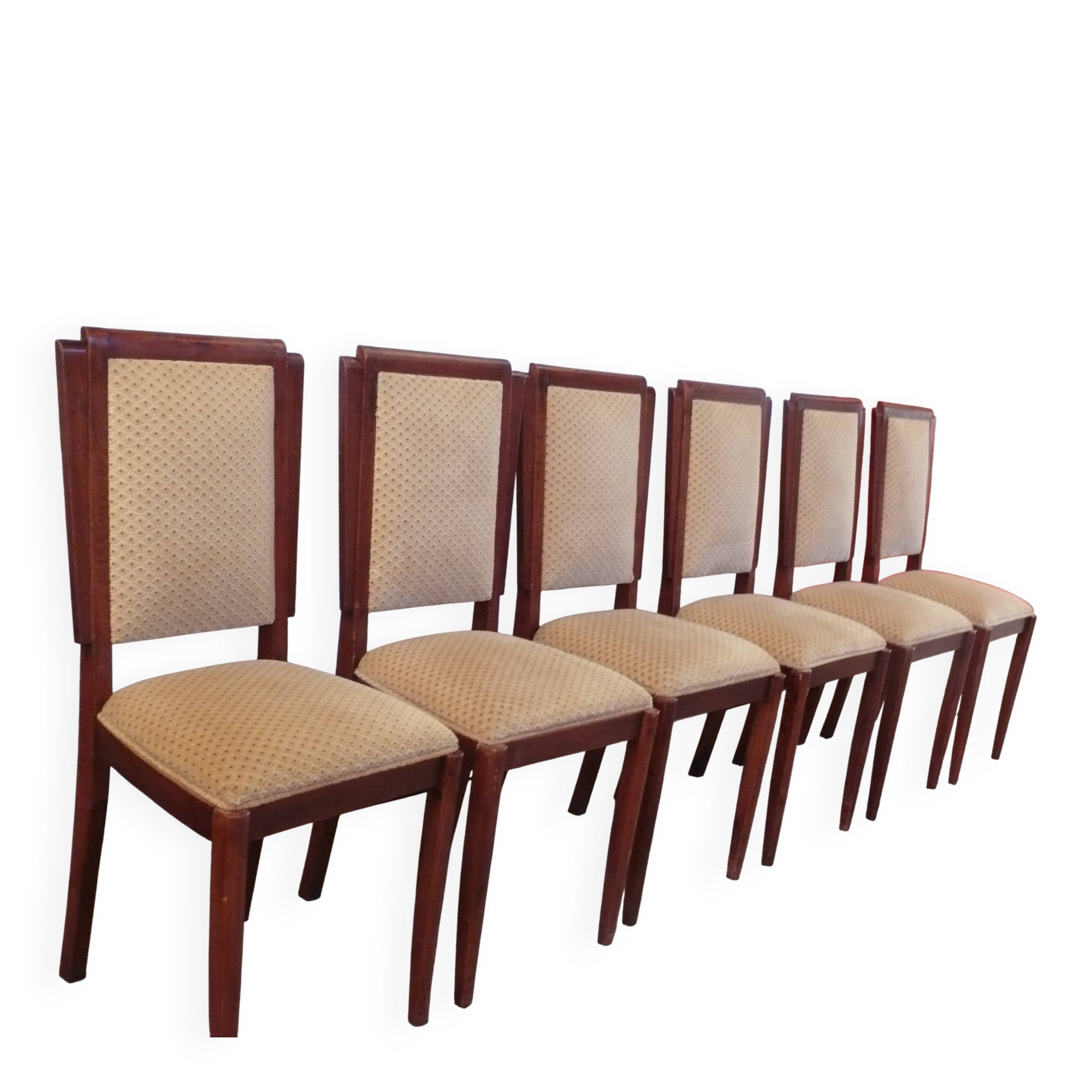 Six Art Deco chairs. Oak and original crushed velvet.