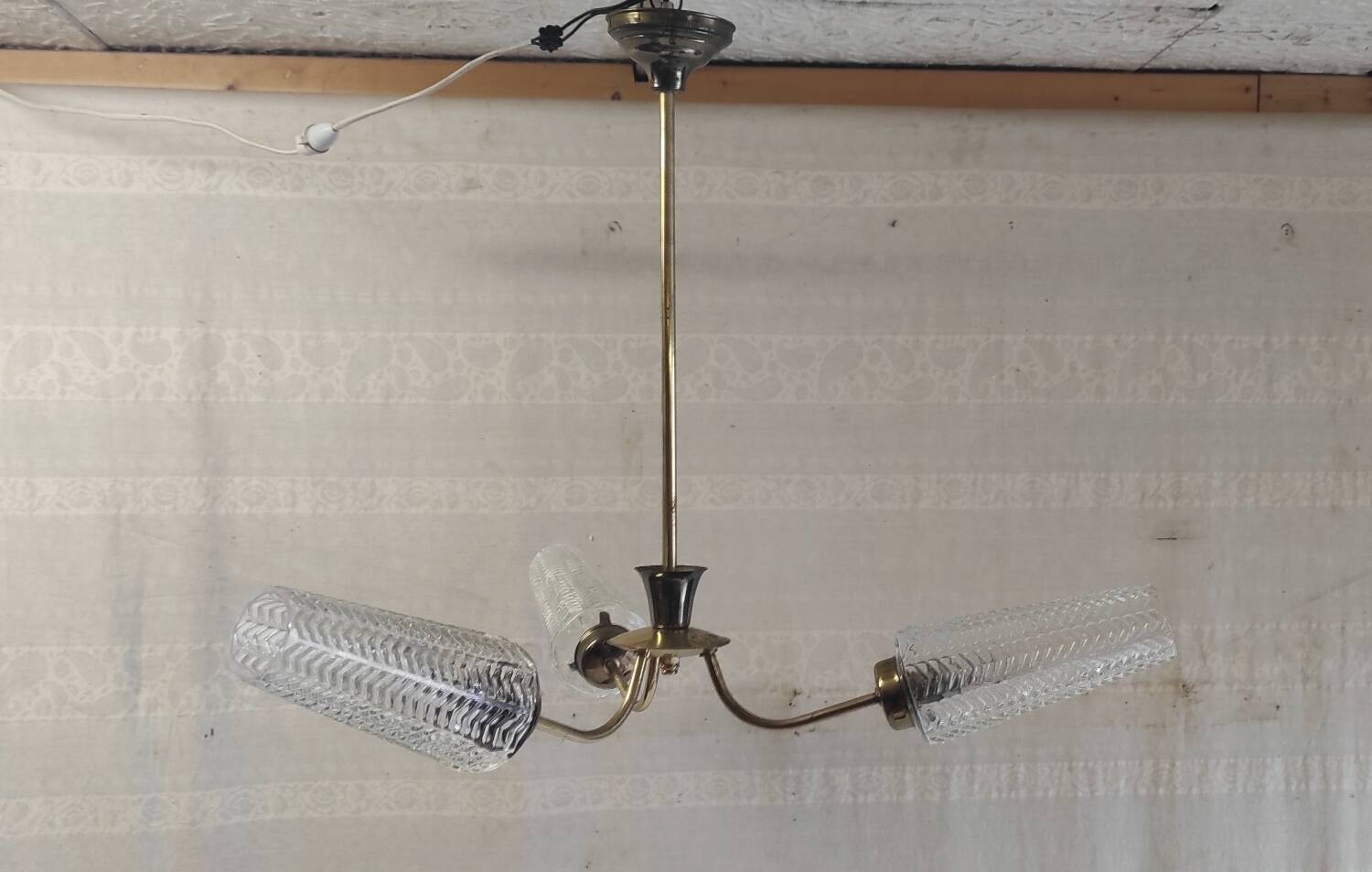 Brass chandelier with three lights and glass tulips - 1950s/60s