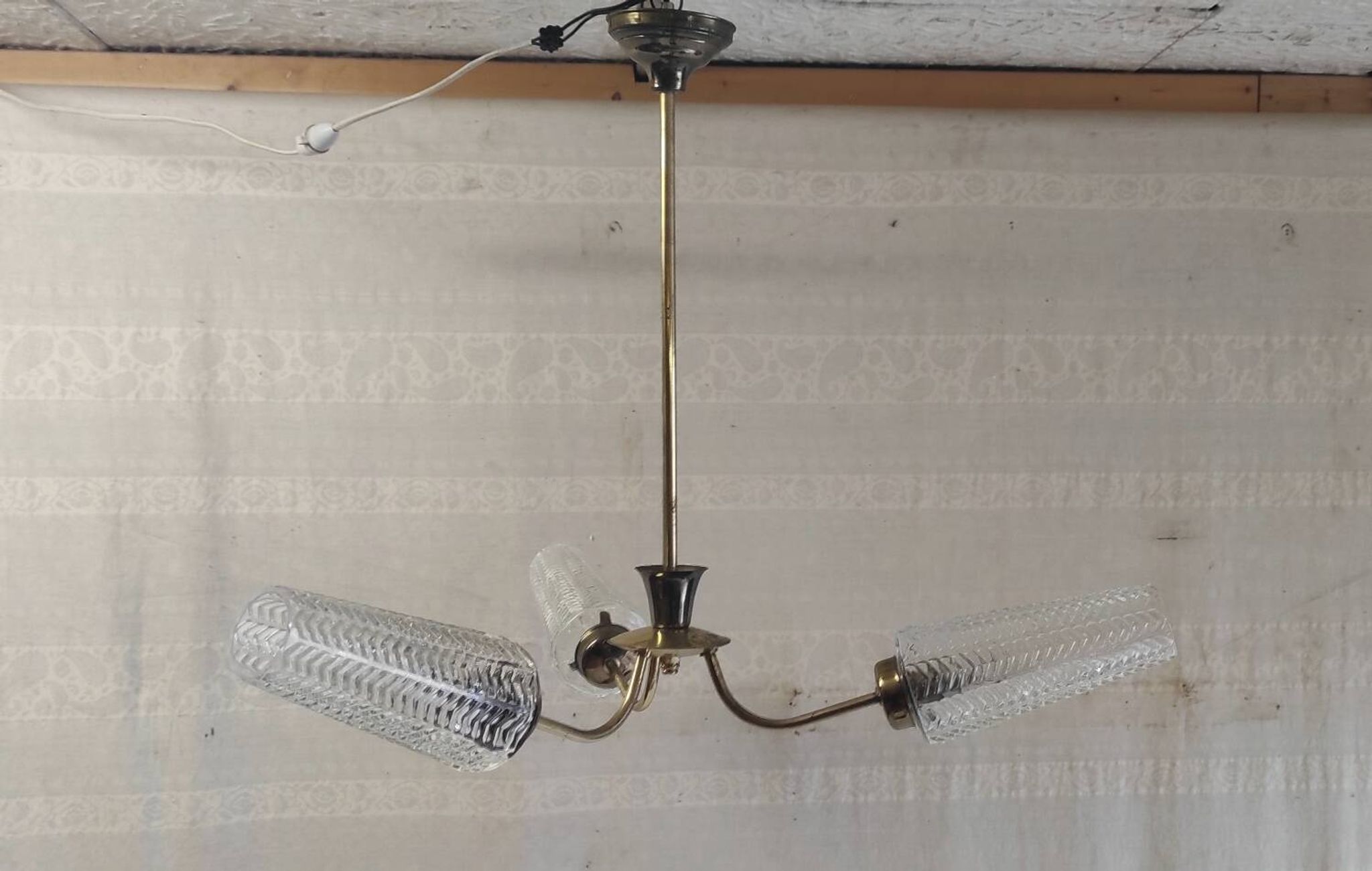 Brass three-light chandelier with glass tulips - 1950s/60s