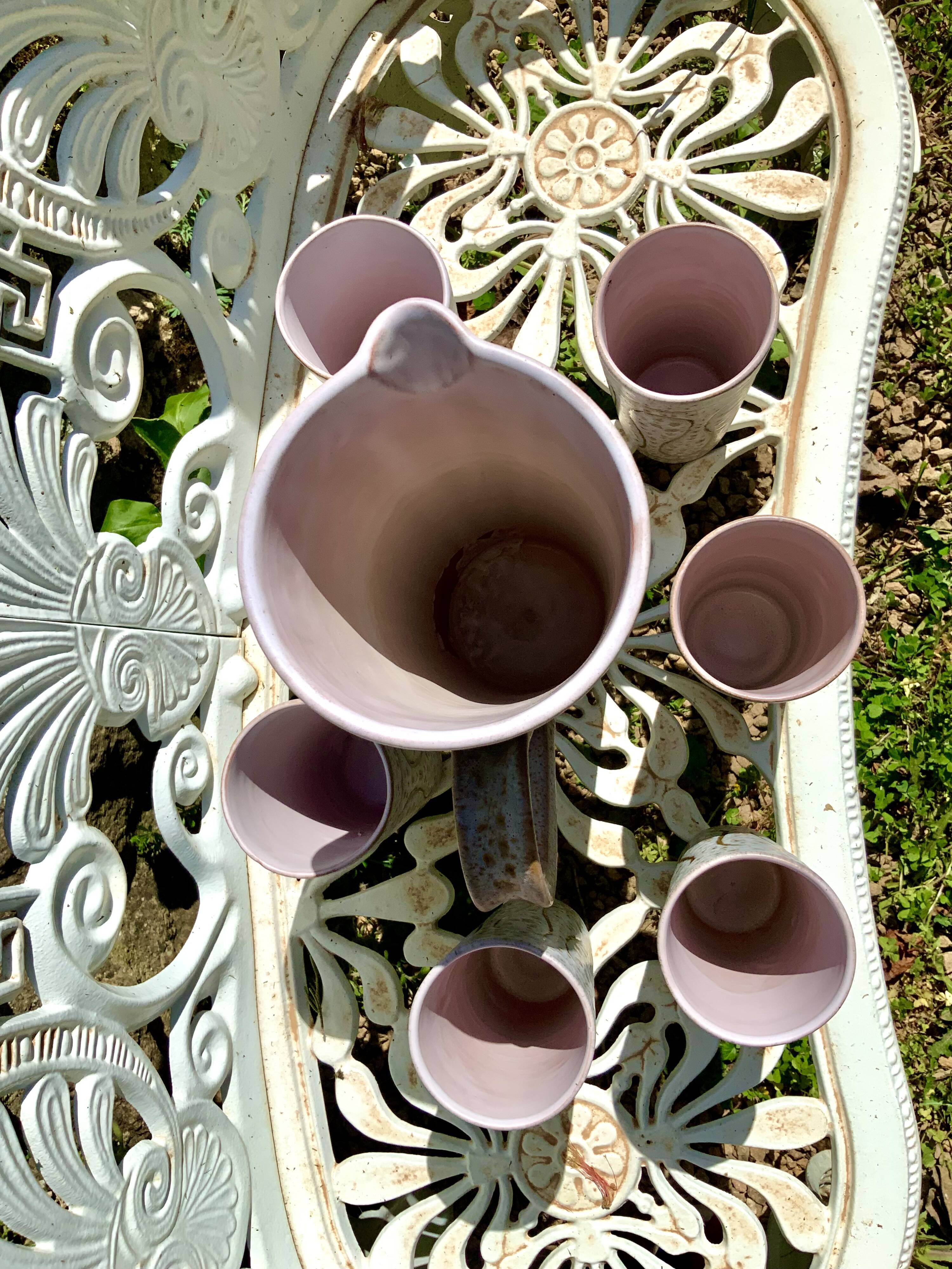 Vallauris Austruy ceramic pitcher and 6 glasses
