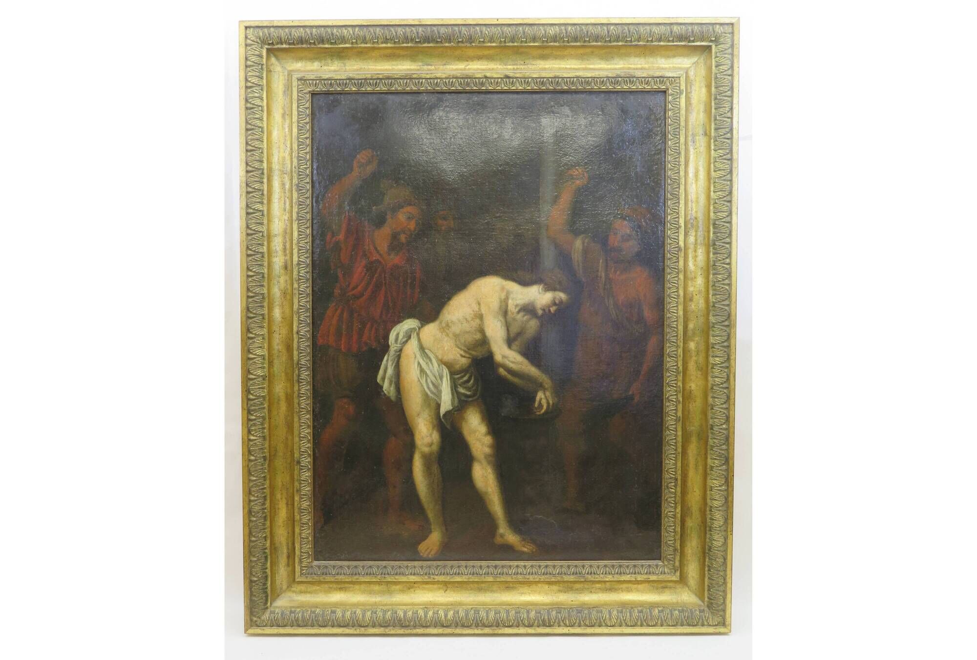 Antique painting Flagellation of Christ with early XIX gilded wooden frame