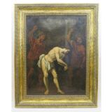 Tableau ancien Flagellation du Christ avec cadre en bois doré début XIX