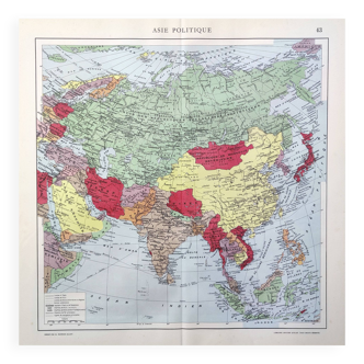 Carte vintage Asie Chine Japon Inde URSS 43x43cm de 1950