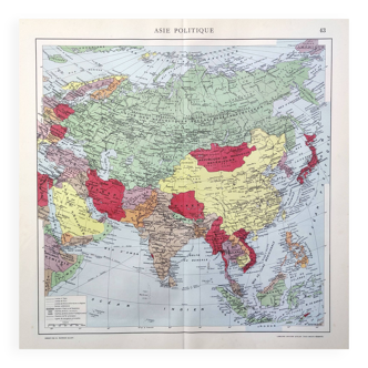 Vintage map Asia China Japan India USSR 43x43cm from 1950