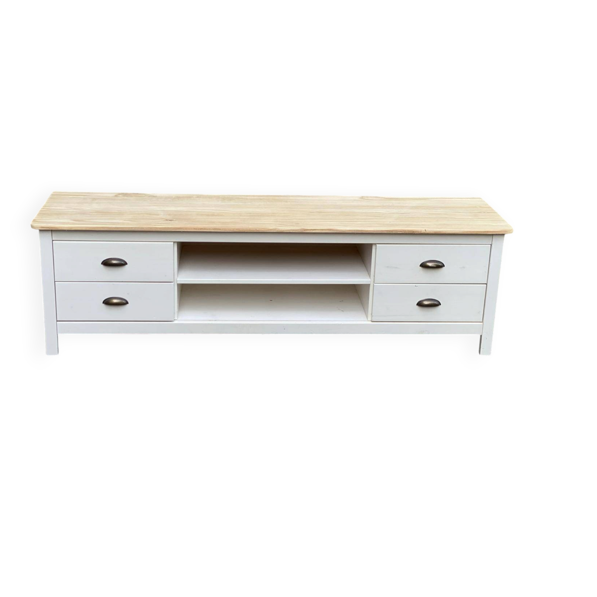 Scandinavian chic country TV unit in solid white and natural wood 160cm