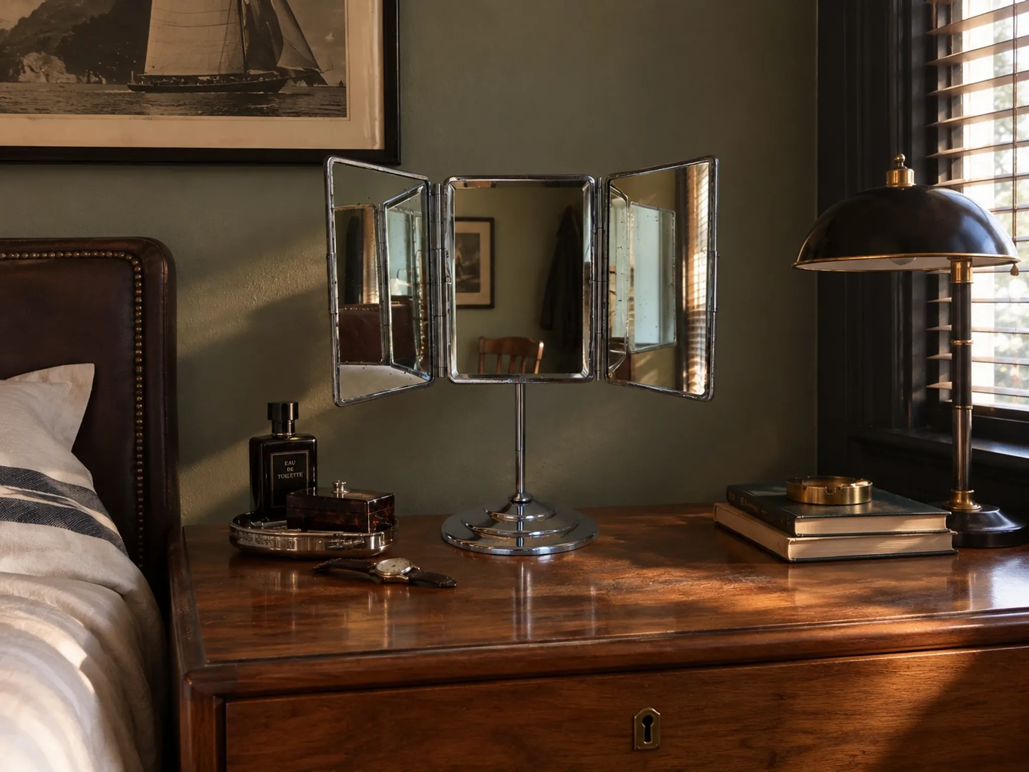 Vintage 1940 triptych barber mirror with bevelled edge - 40 x 35 cm