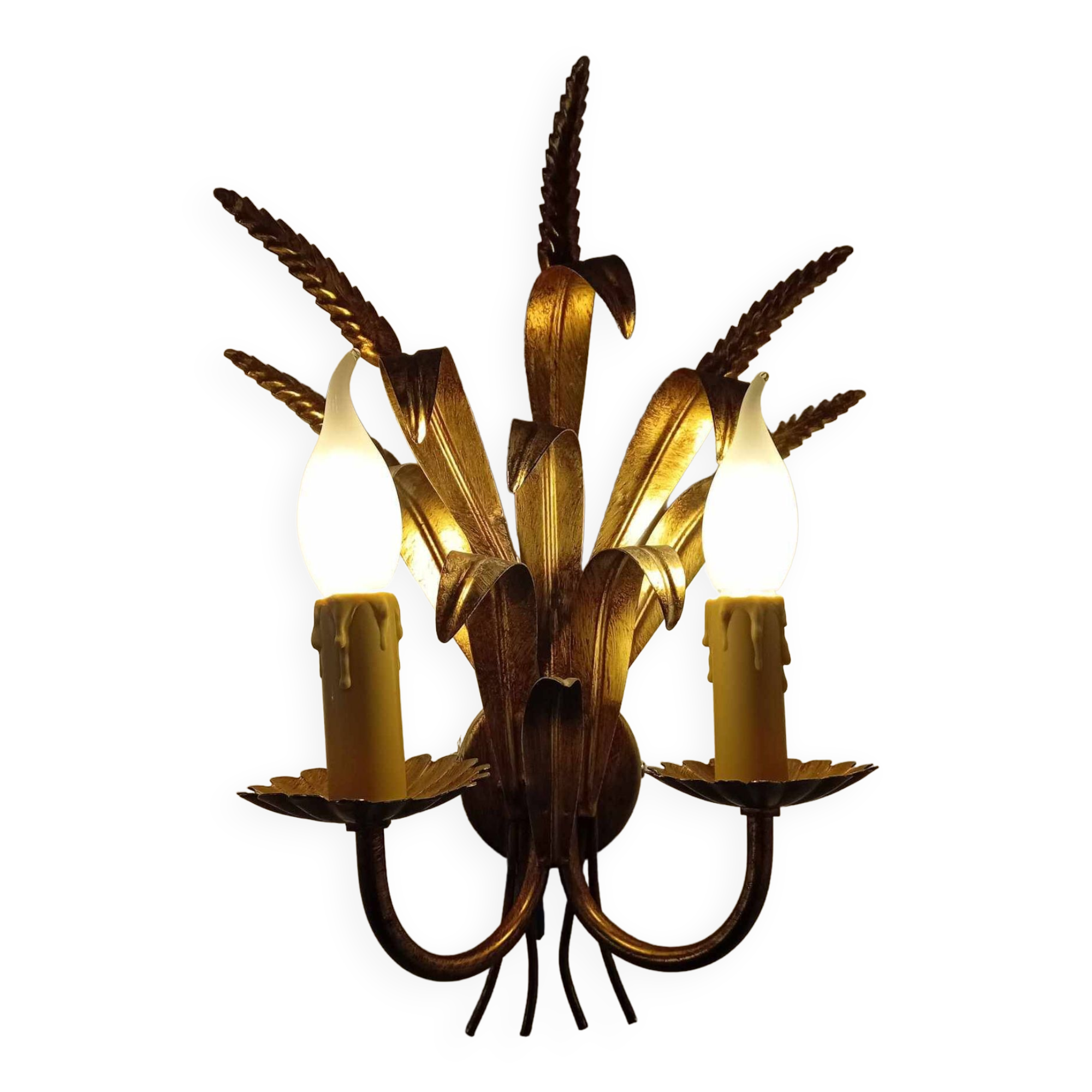 Sheaf of wheat wall lamp in gilded and patinated iron, signed lotti roberto snc.