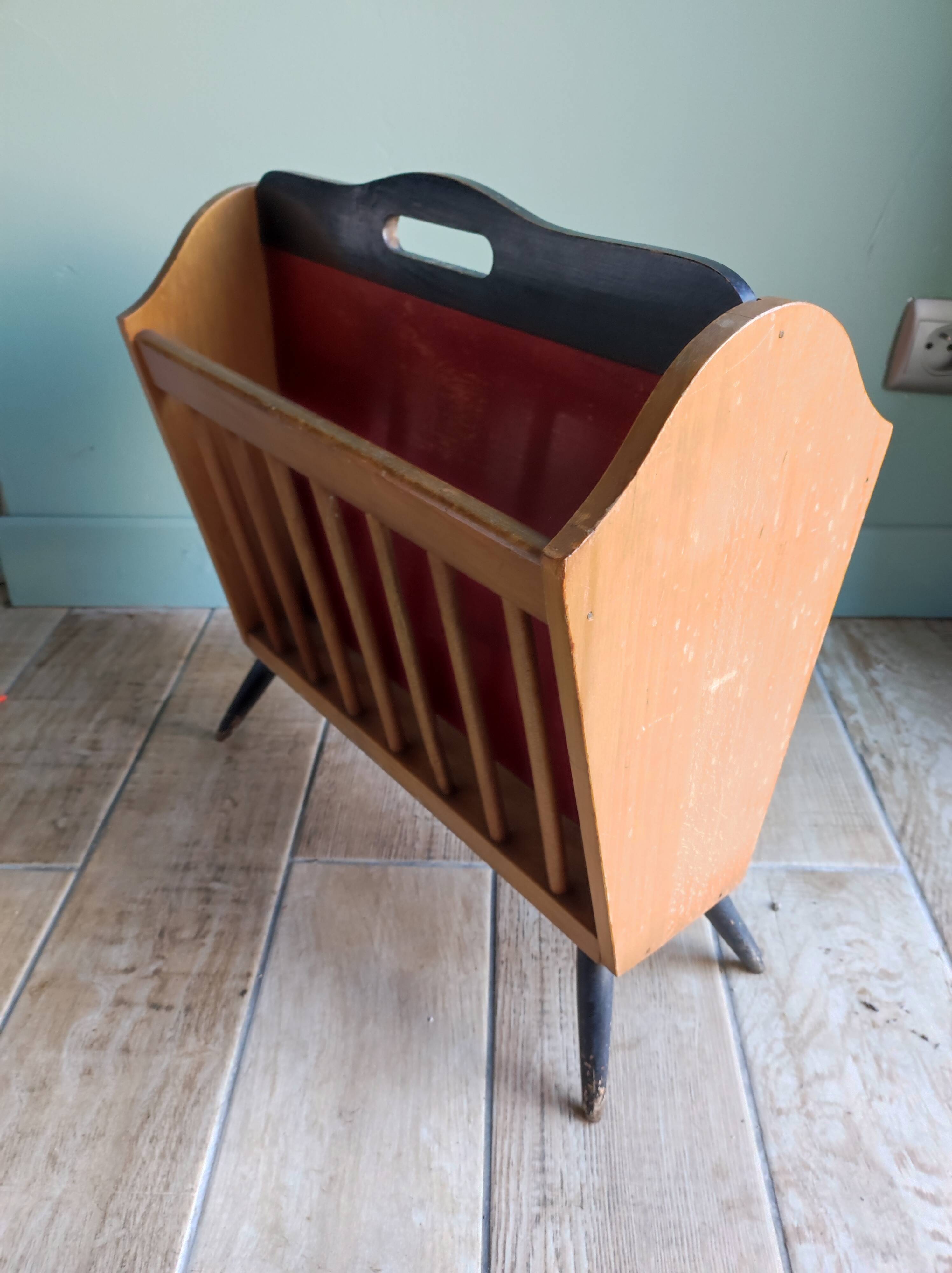 Wooden magazine holder feet compass vintage Scandinavian design