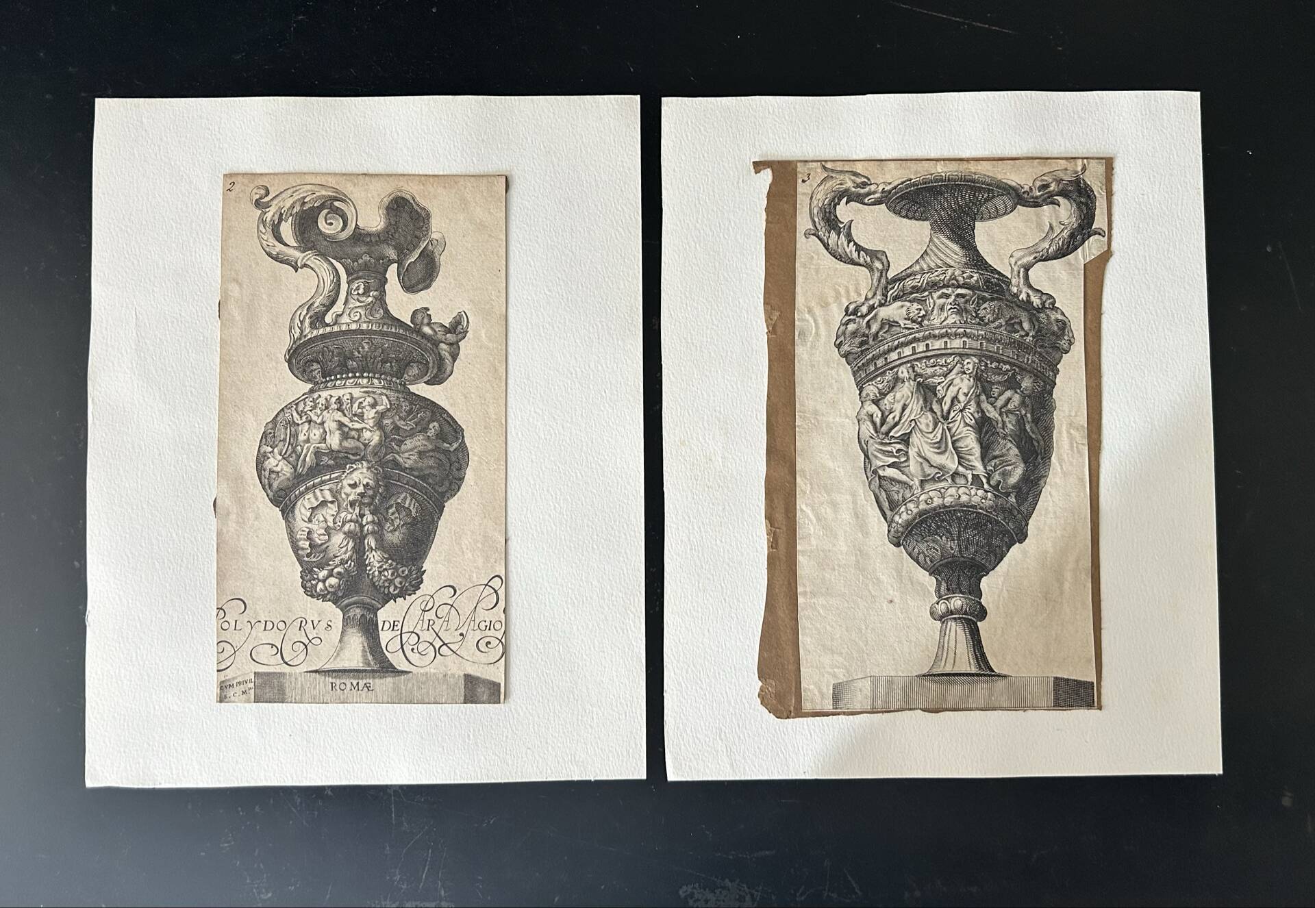 Gravure ancienne vase ornée d’après Polydoro da Caravaggio