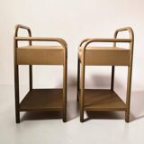 Vintage bedside tables in metal and brown beige wood.