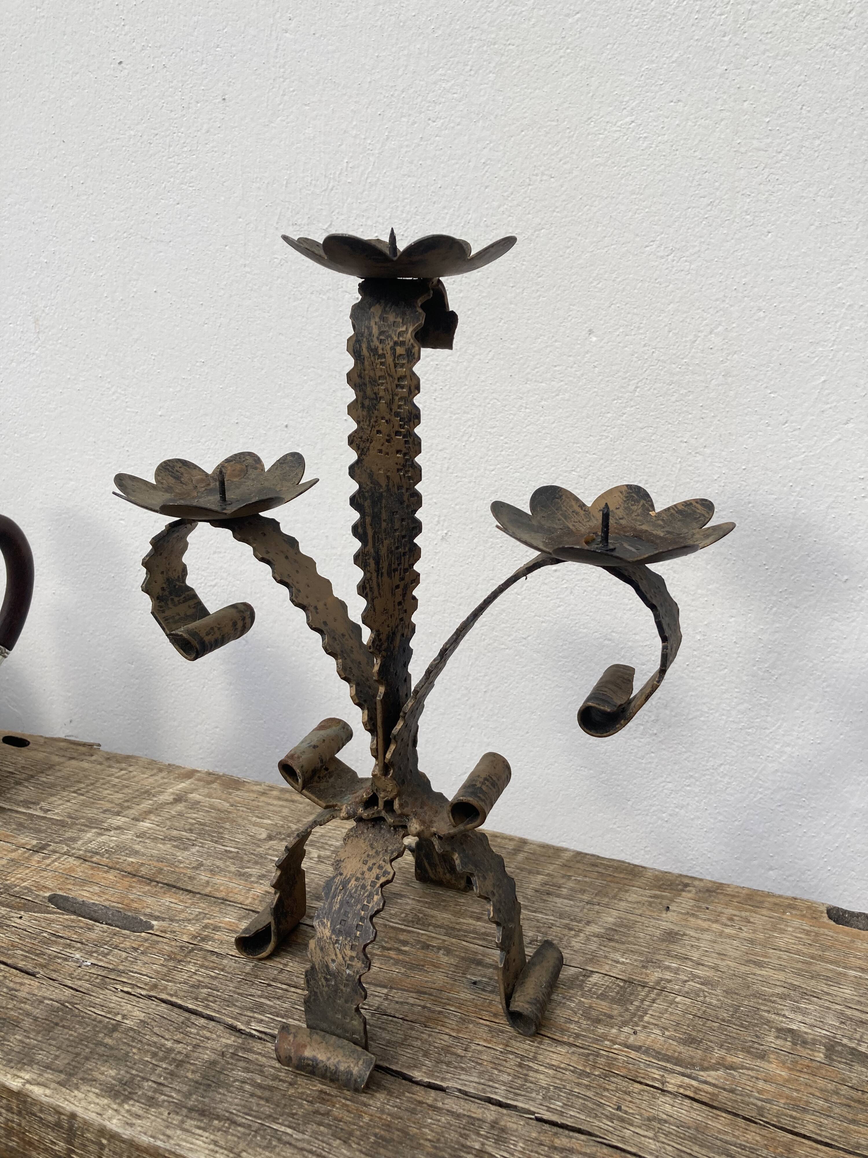 Brutalist candle holder folk art - wrought iron candlestick
