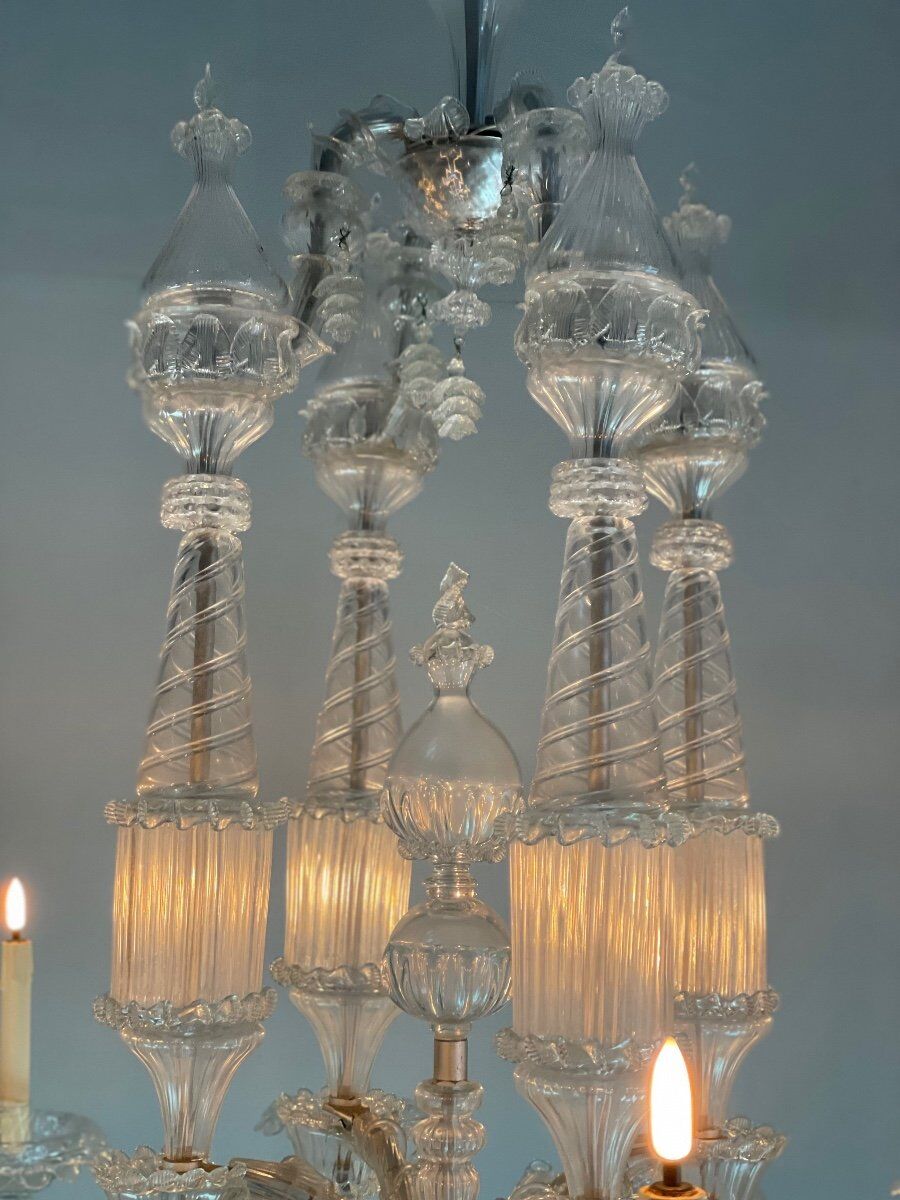 Venetian chandelier in transparent murano glass, 12 arms of light