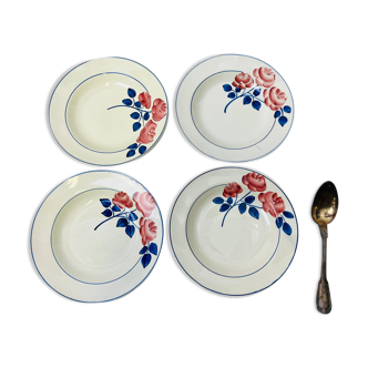 4 assiettes creuses soupe vintage fleur rose rouge HBCM