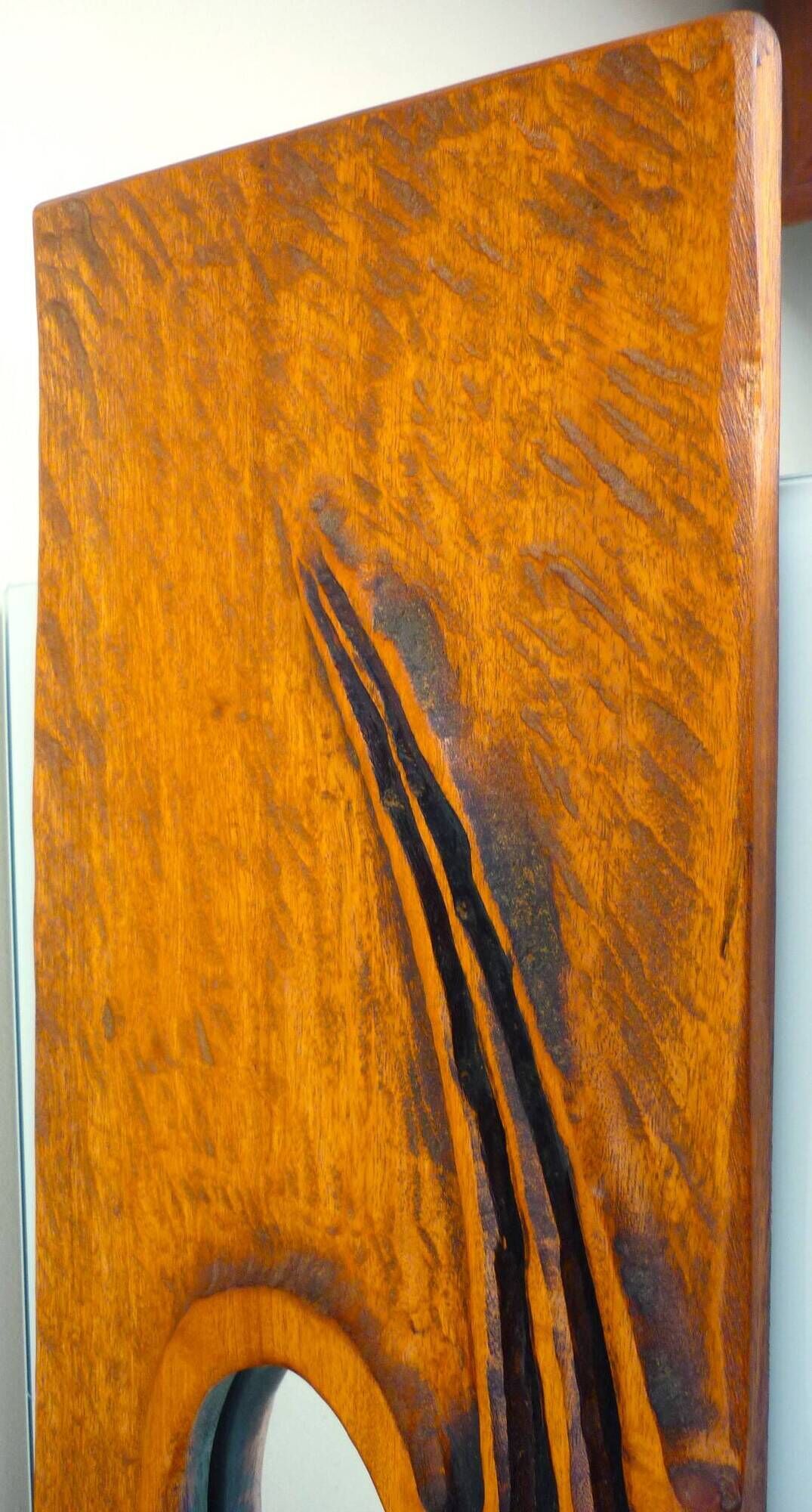 Carved wooden mirror, signed P. Guallino, "le passage", brutalist design from the 80s