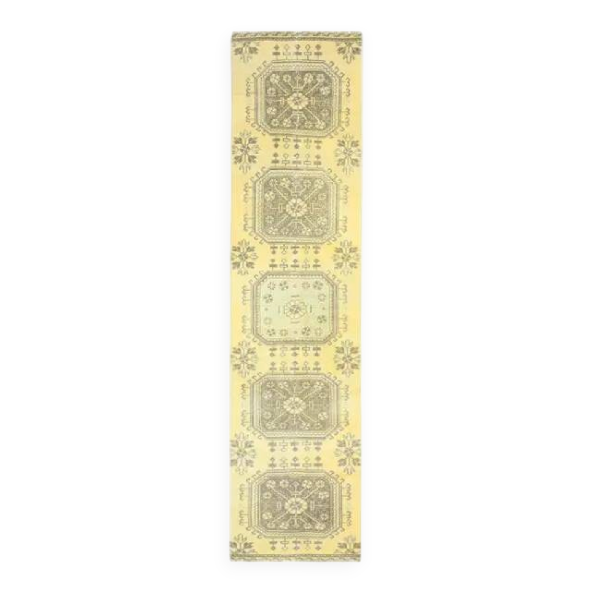 1970s Turkish Oushak Handmade Wool Cotton Yellow Runner 76x302