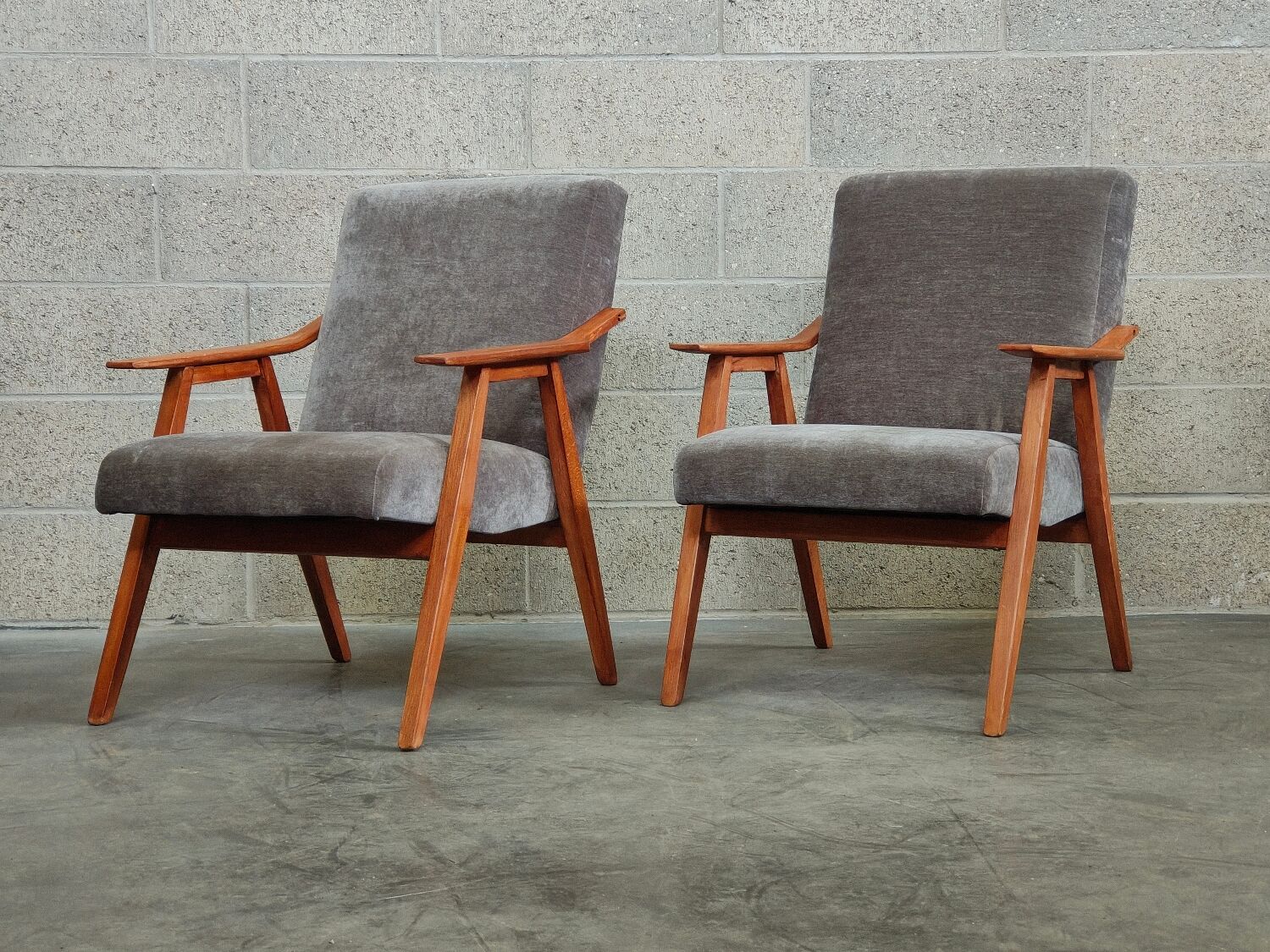 Pair of armchairs czechoslovakian midcentury renovated gray velvet