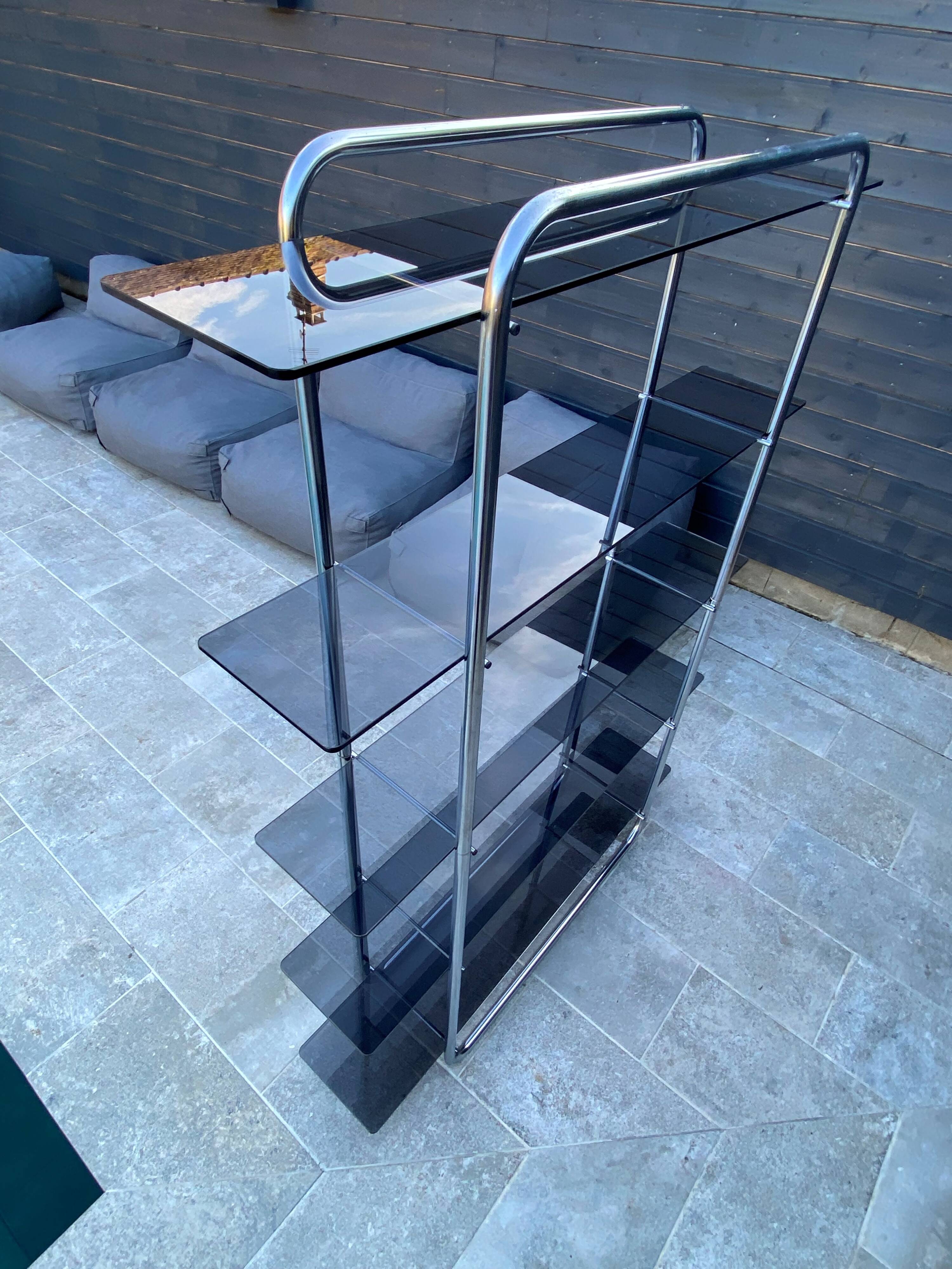 Bibliothèque vitrine étagère murale modulable verre et chrome vintage 1970