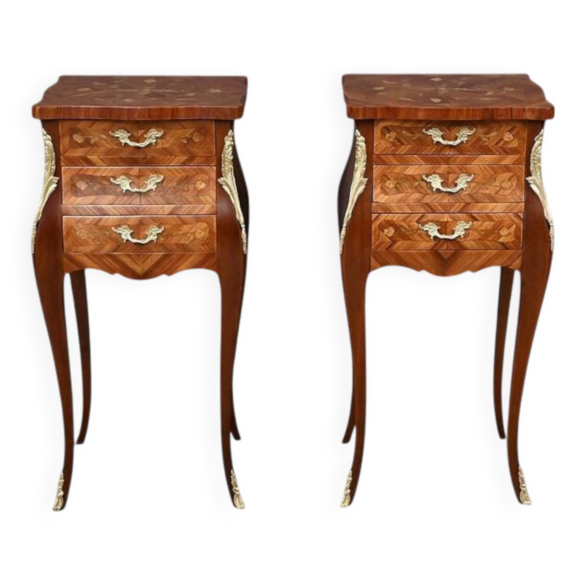 Pair of bedside tables in marquetry, Louis XV style – Mid 20th century