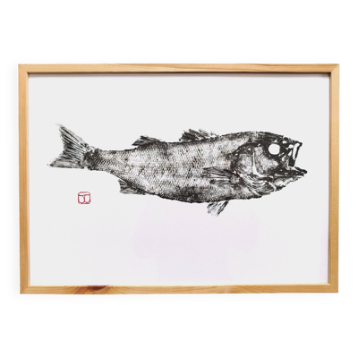 Impression d'art encadrée, ''Estampe d'un bar'' (gyotaku)