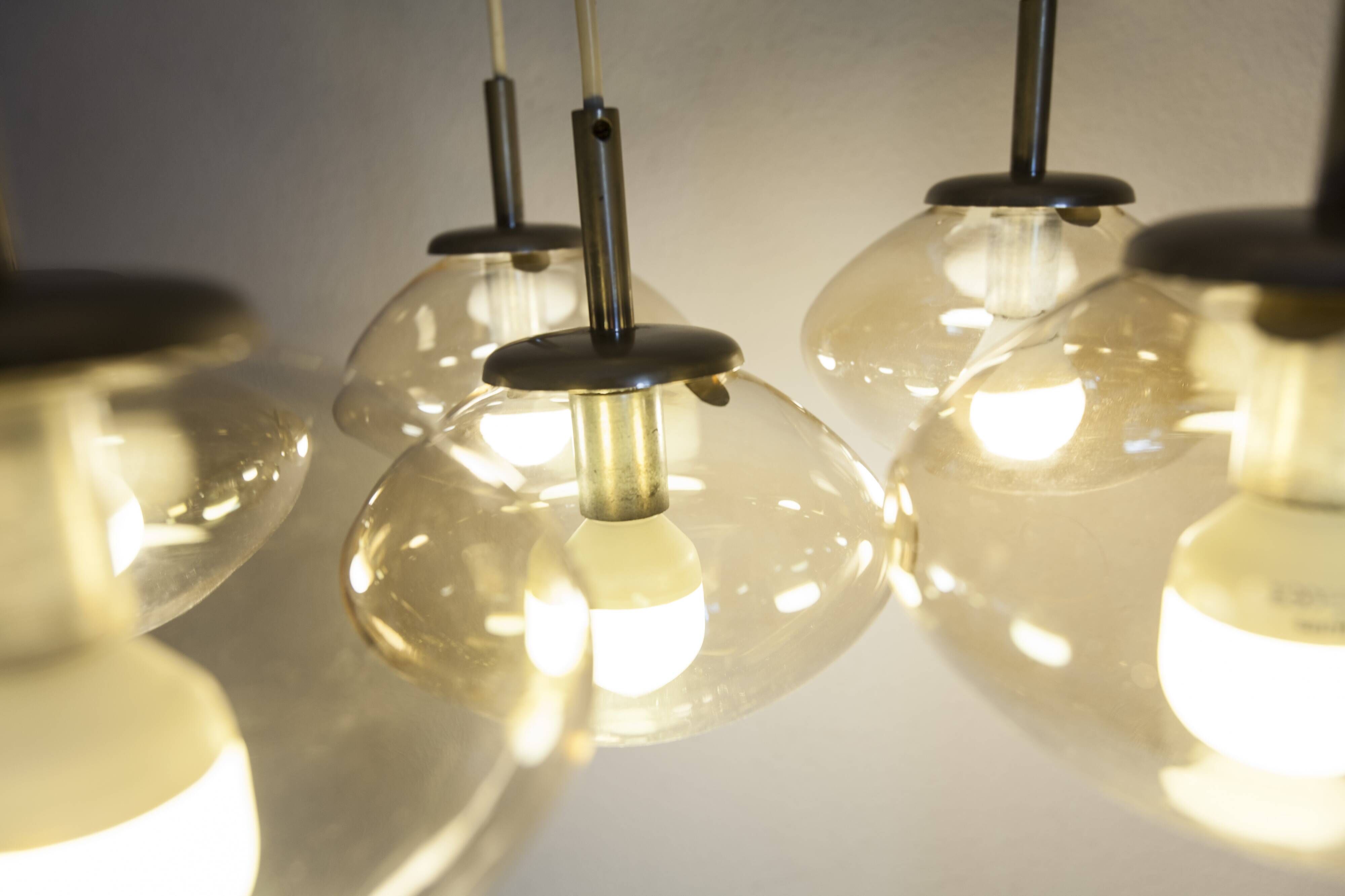 Light smoked glass water drop chandelier with 6 drops from the 1960s.