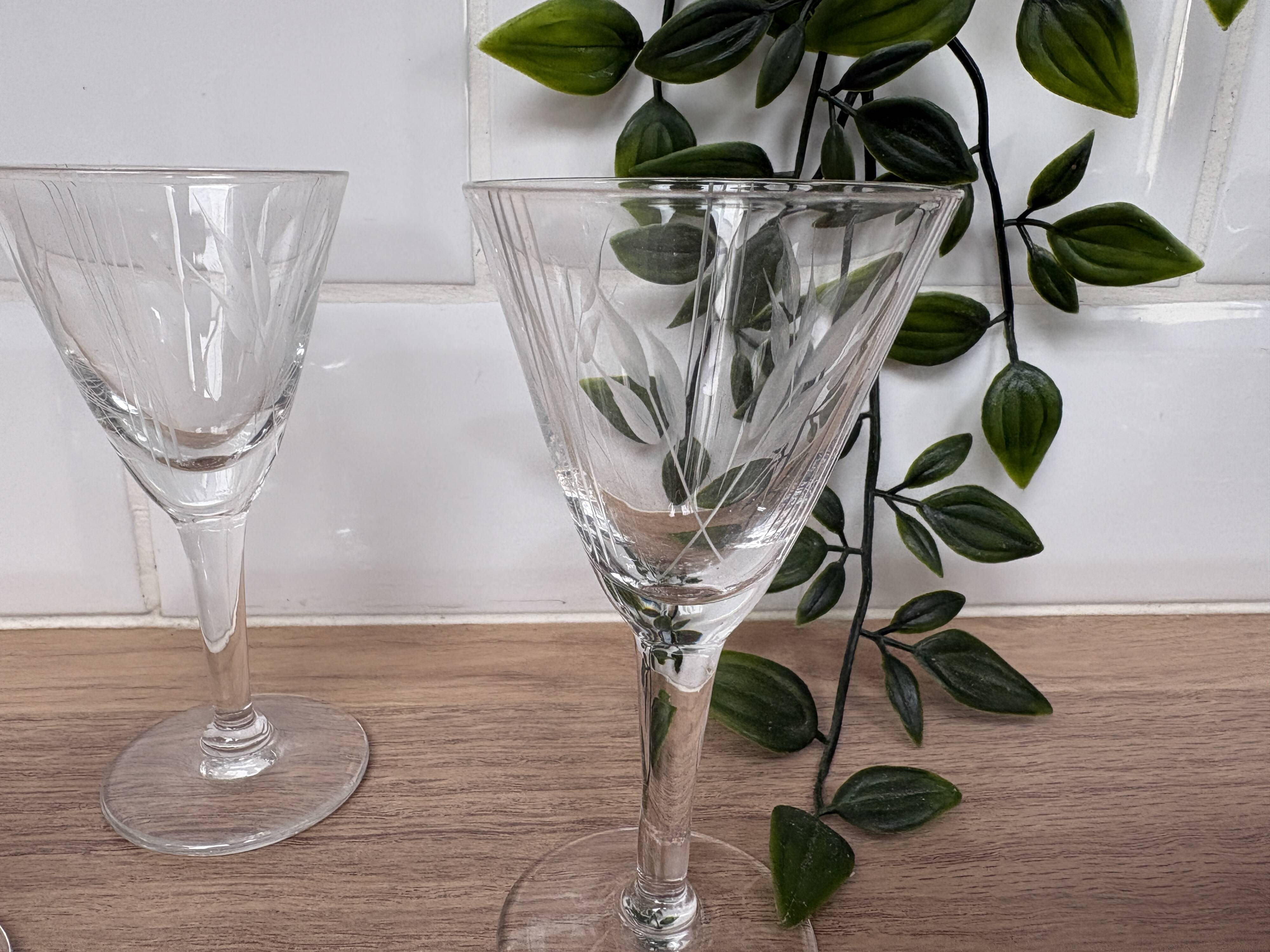 Set of 5 engraved glass liqueur glasses