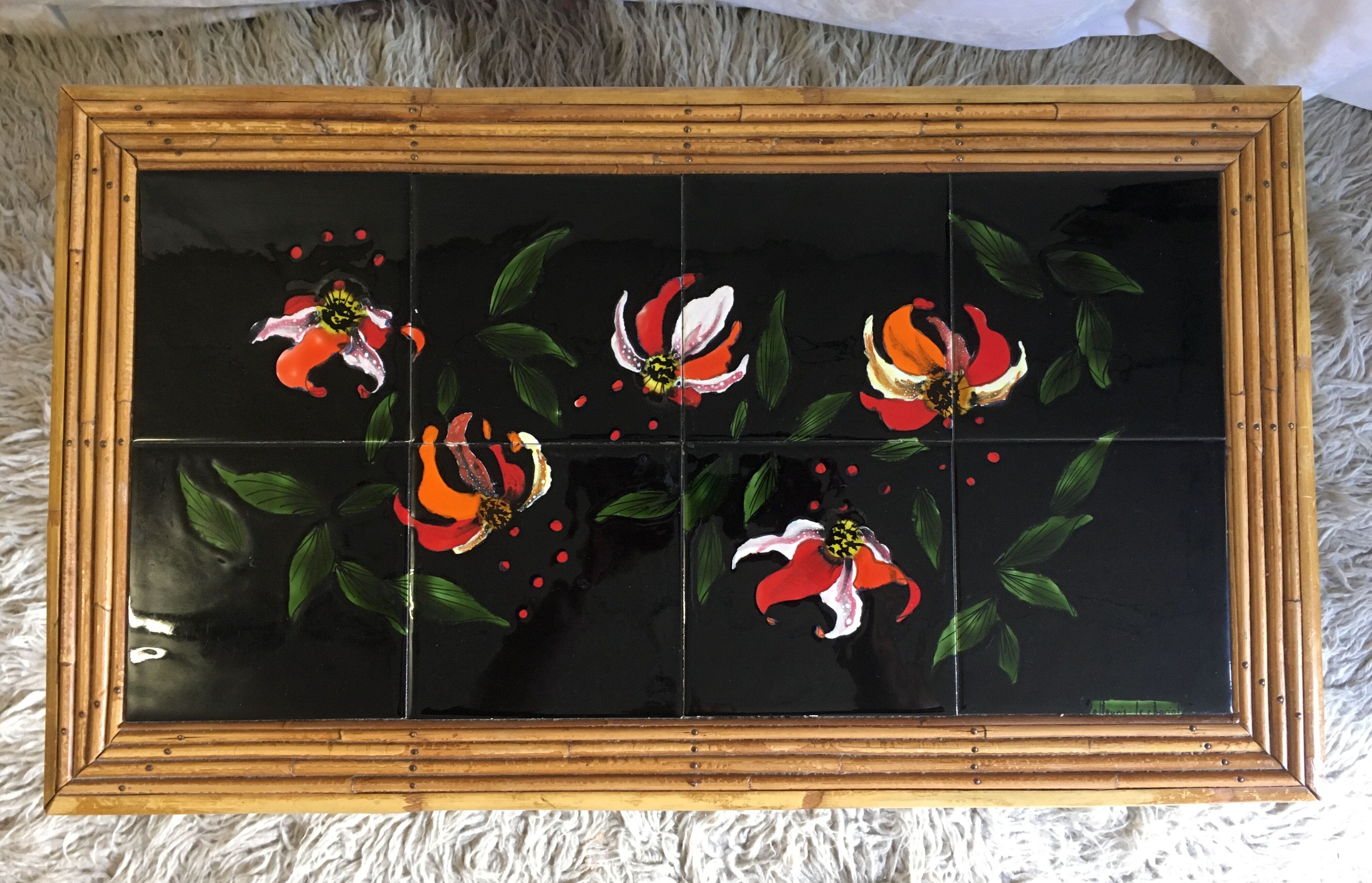 Vallauris rattan coffee table and earthenware - 1950s